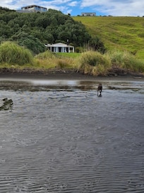 Ruru Whare from the beach, 2 minute walk.