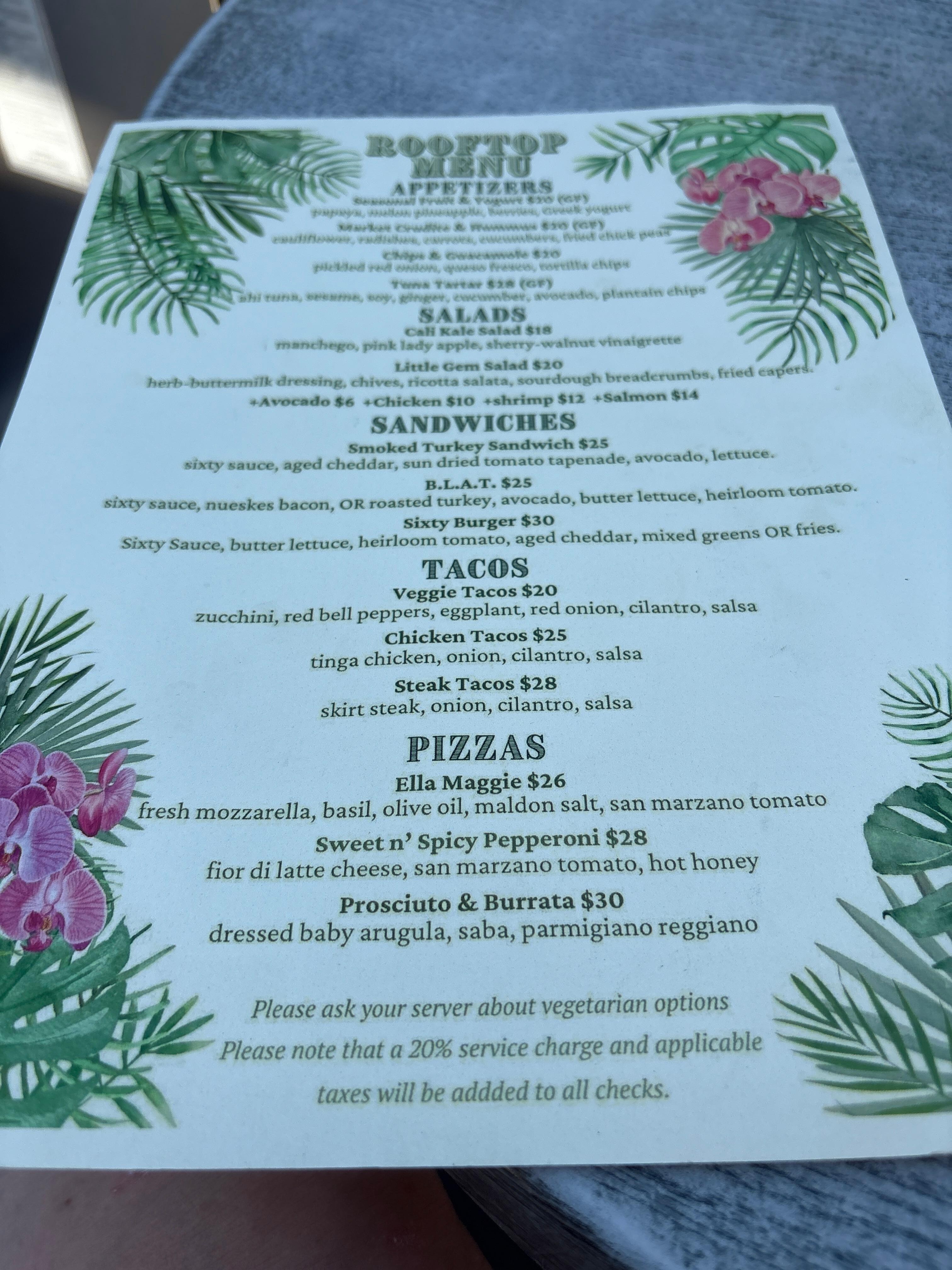 Rooftop food menu. 