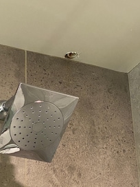 Hole in shower ceiling with a weird plastic pipe hanging out
