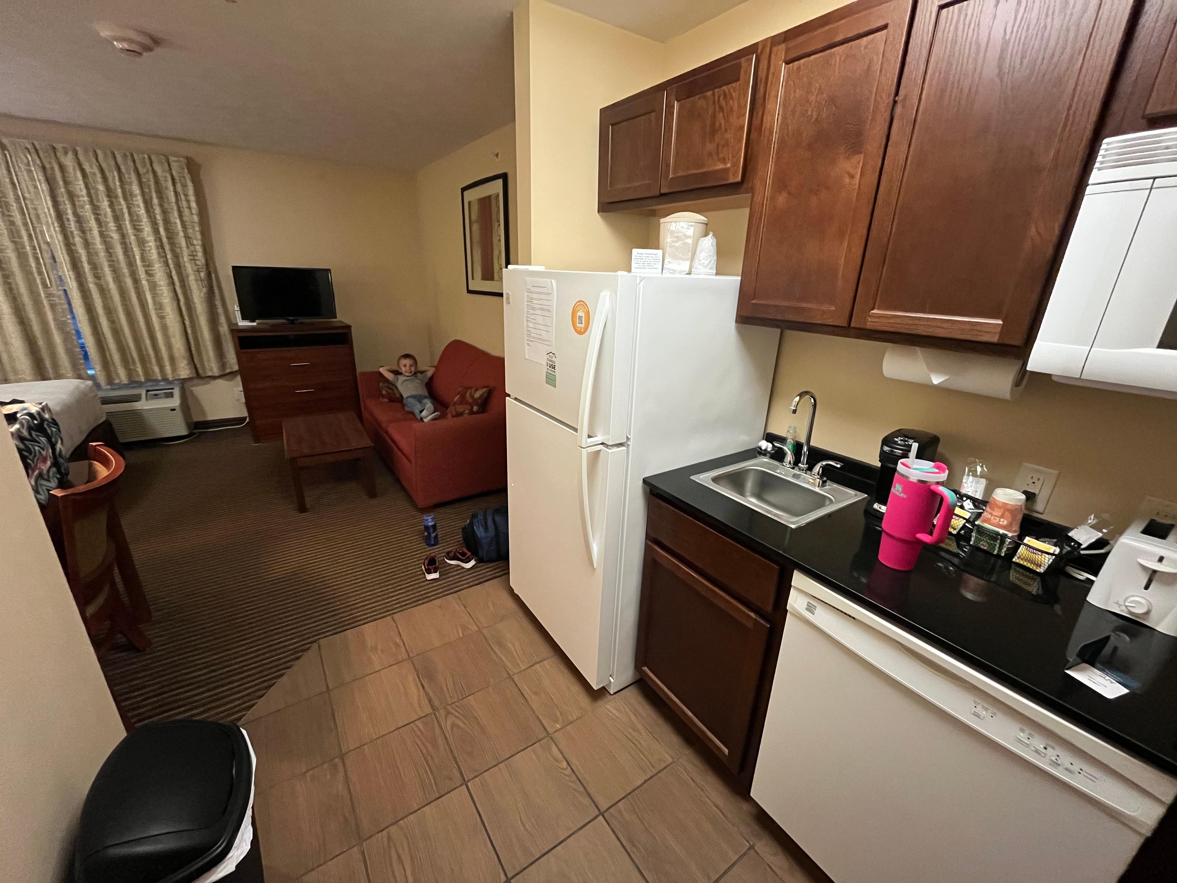 Full fridge, stovetop, dishwasher, with pots and plates available. 