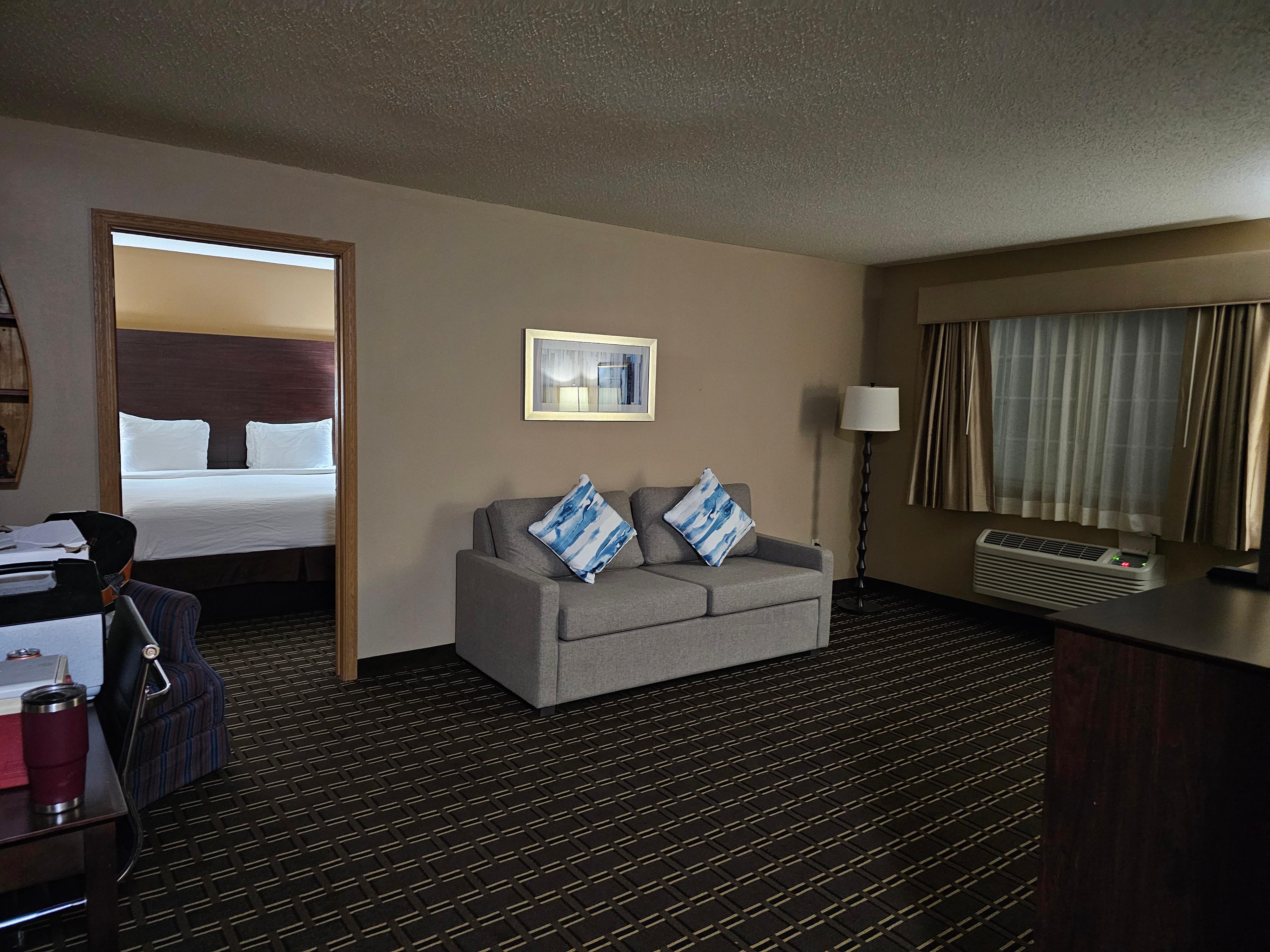 Living area with pull out couch,  microwave,  refrigerator,  coffee pot,  walk in closet,  and TV. 