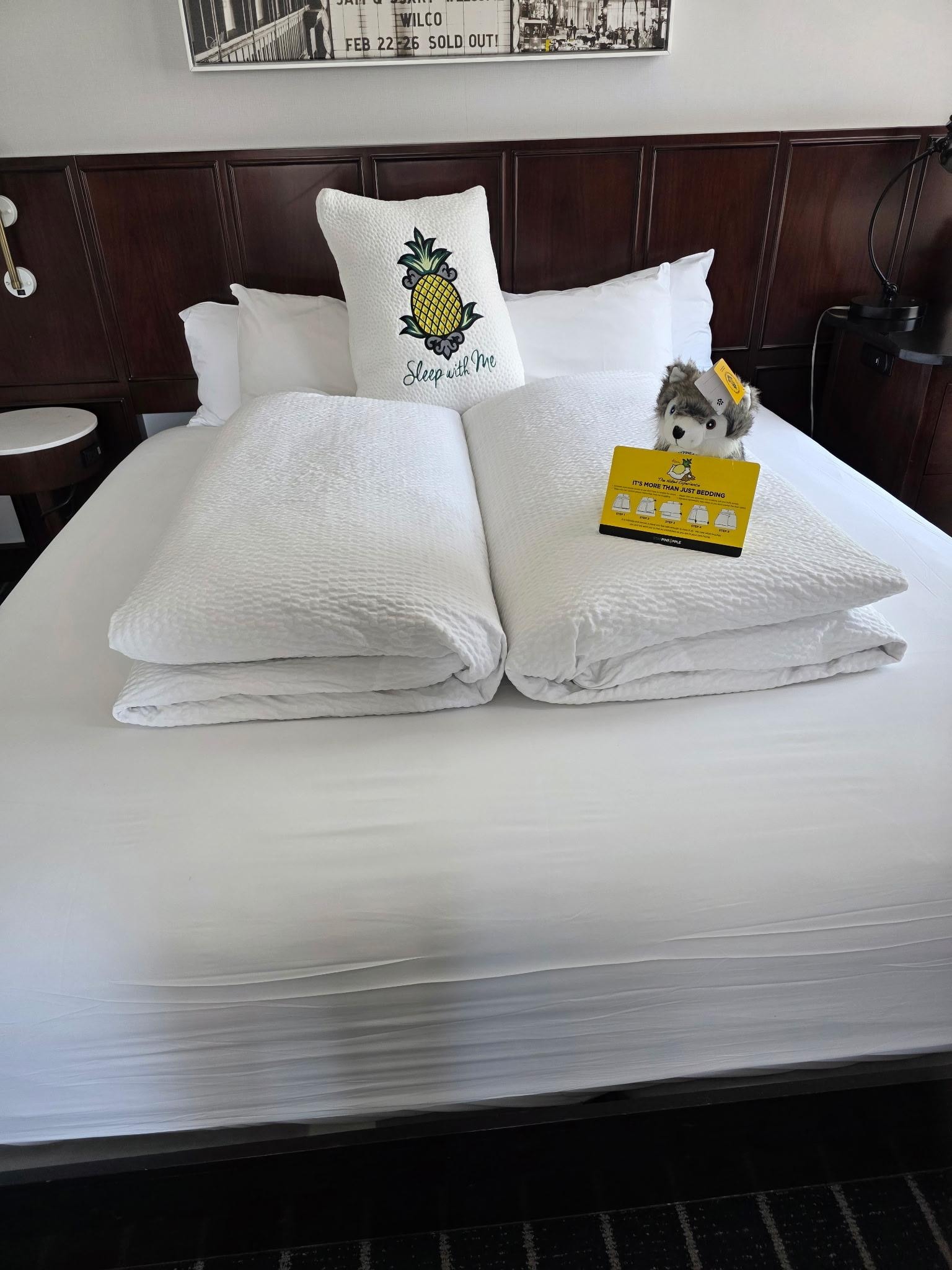 King sized bed comes with two twin sized comforters so you don’t have to fight for blankets!