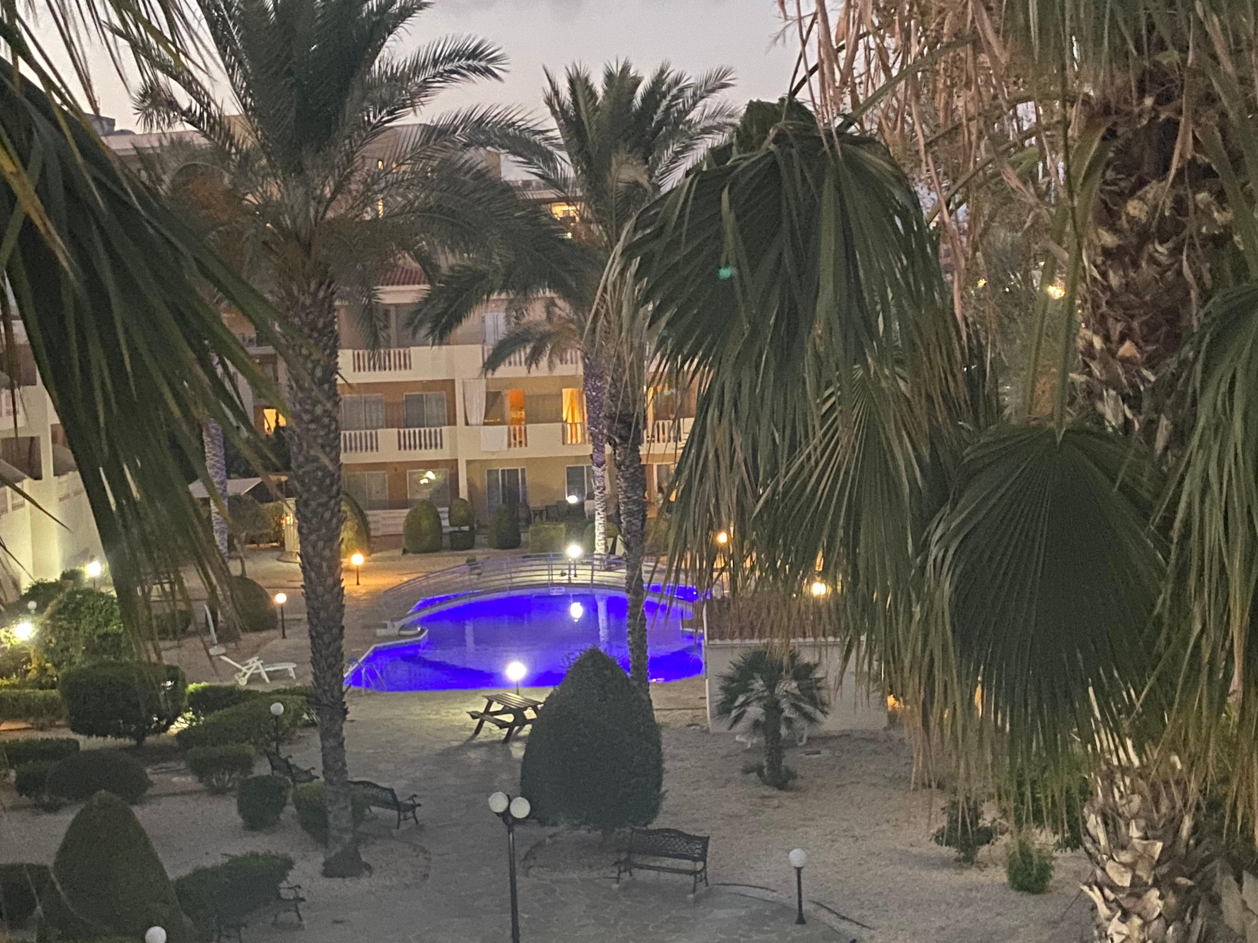 View of pool at night