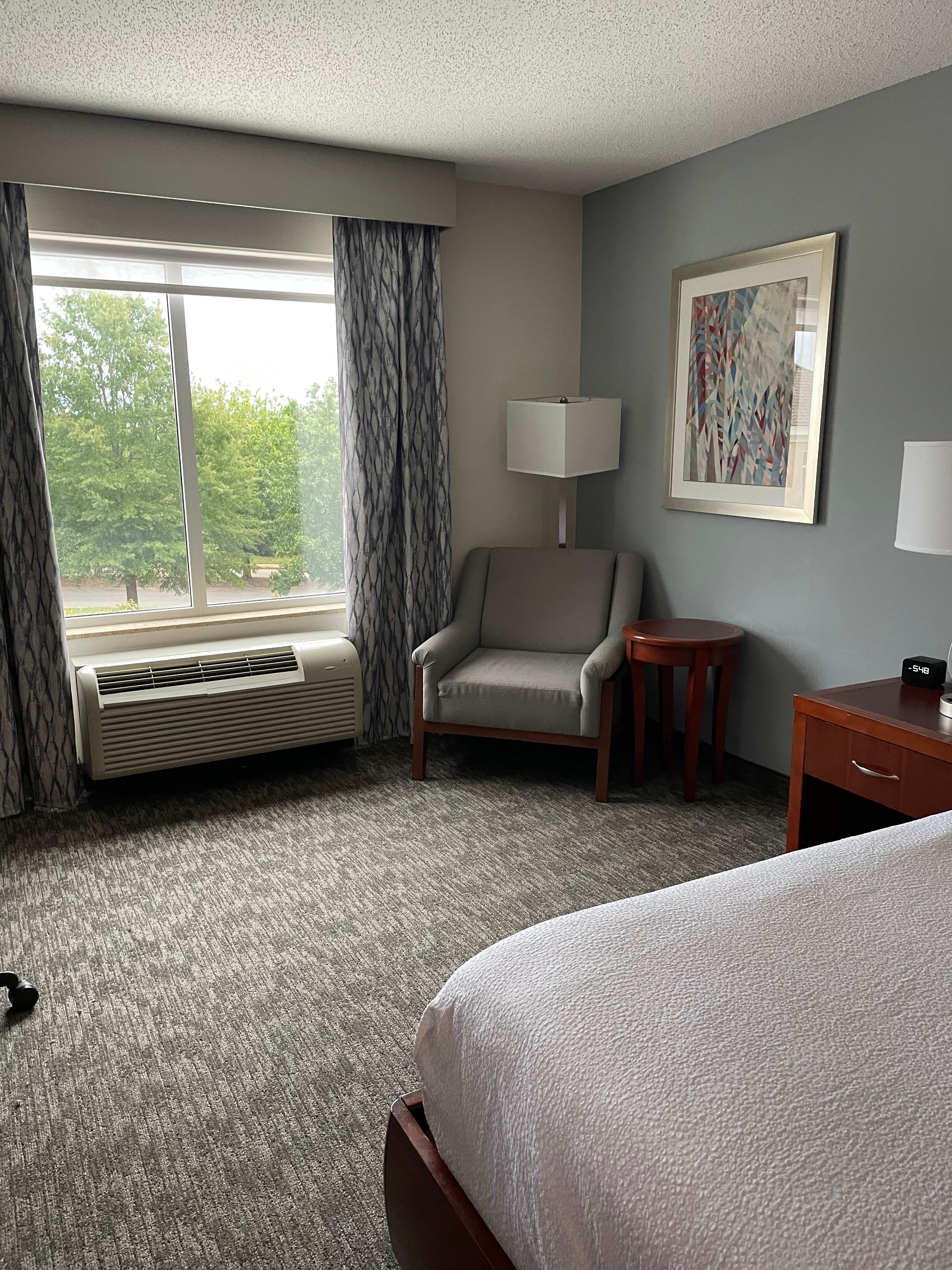 Nice view from the window. Comfy chair to sit, relax, and have coffee. 