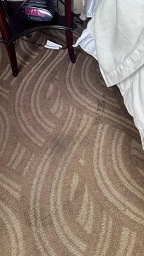 Worn and stained carpet in the room.