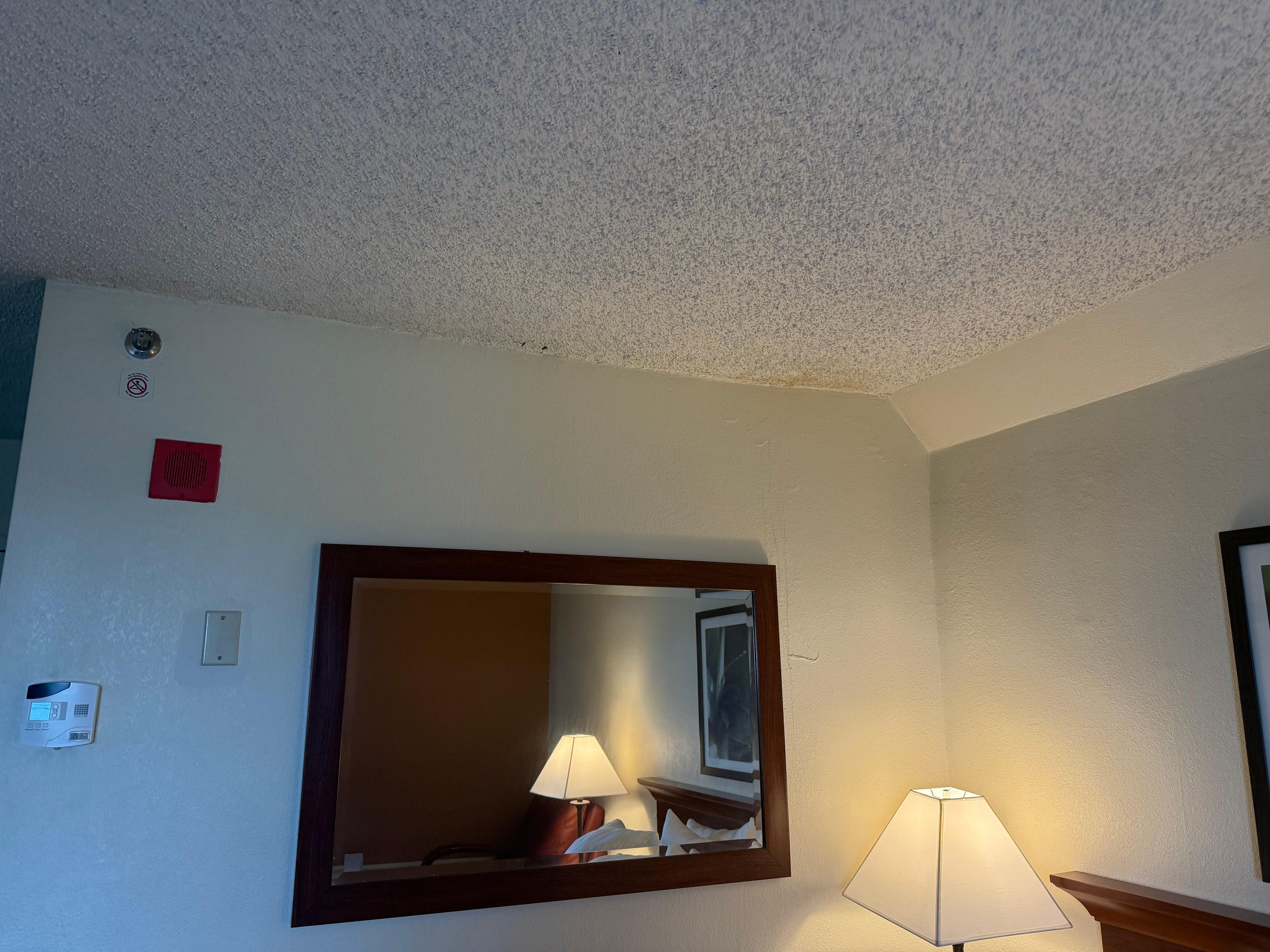 Stains running down the wall and  on the ceiling 