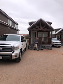 Front of hut. Small deck where we had dinner.