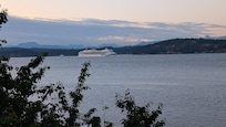 Cruise ships spotting in the channel as seen from the back of the motel, a popular pastime for guests at this place lol!