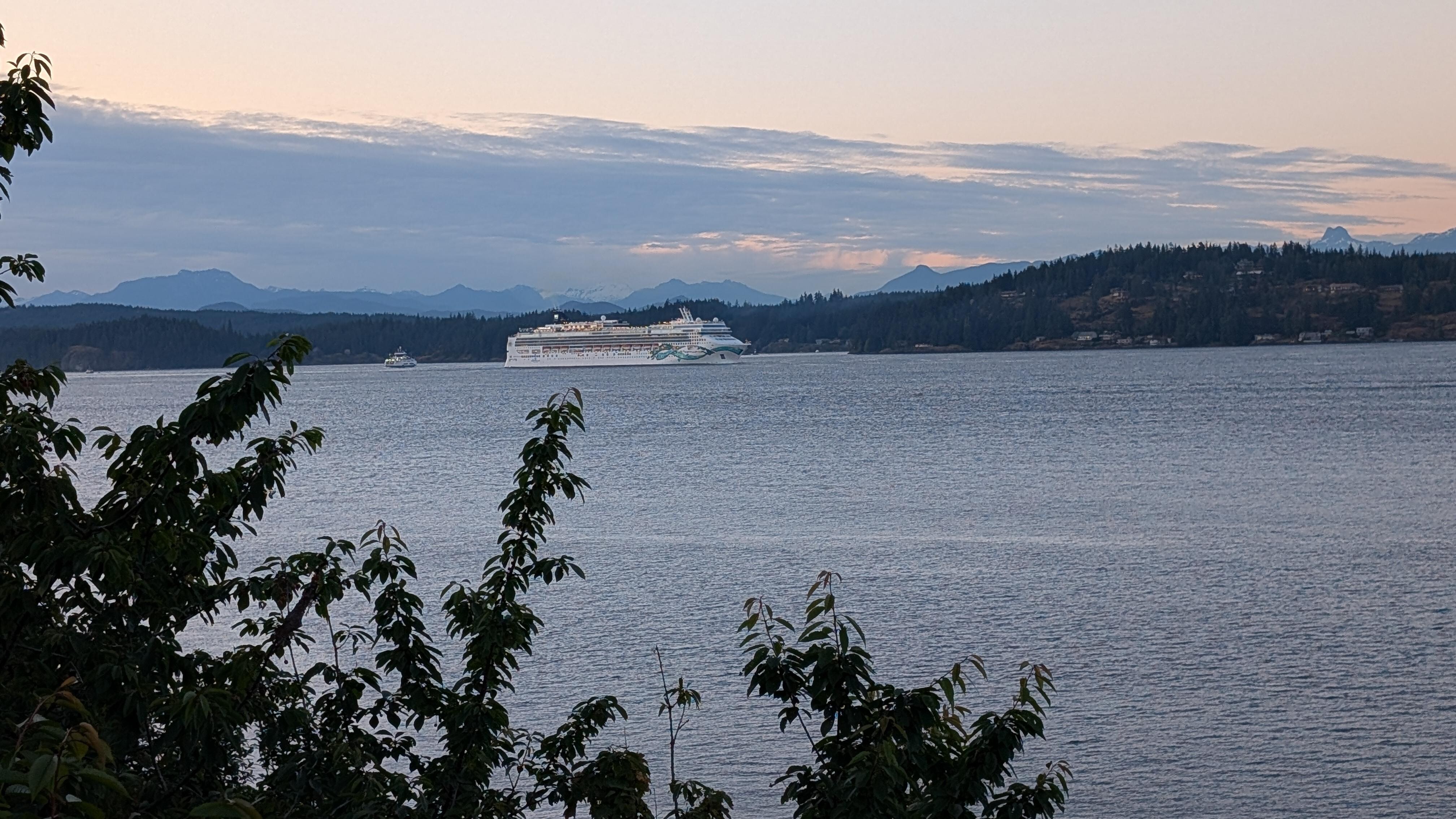 Cruise ships spotting in the channel as seen from the back of the motel, a popular pastime for guests at this place lol!