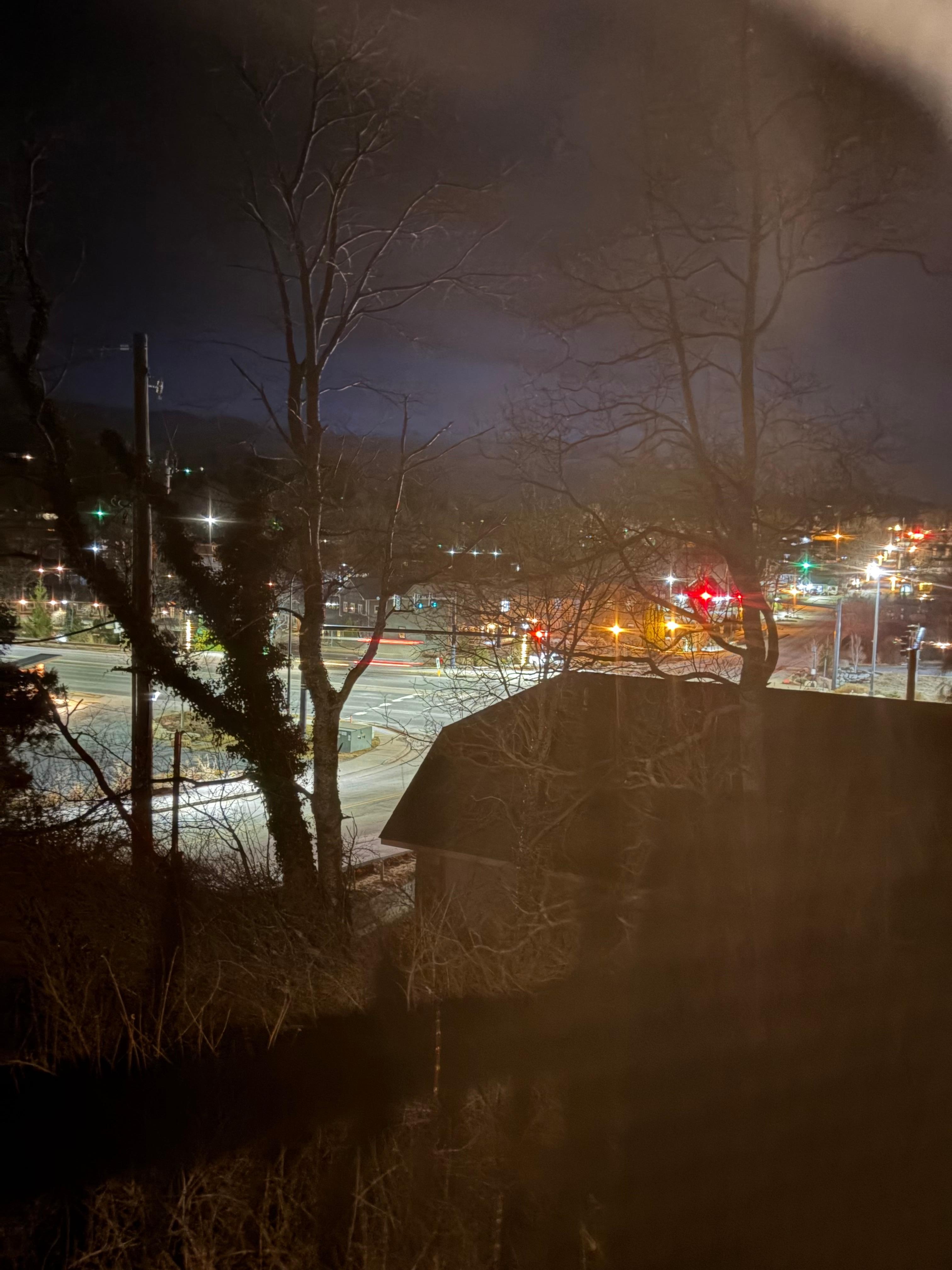 View from back porch at night. Better if it snowing but it was still great. 