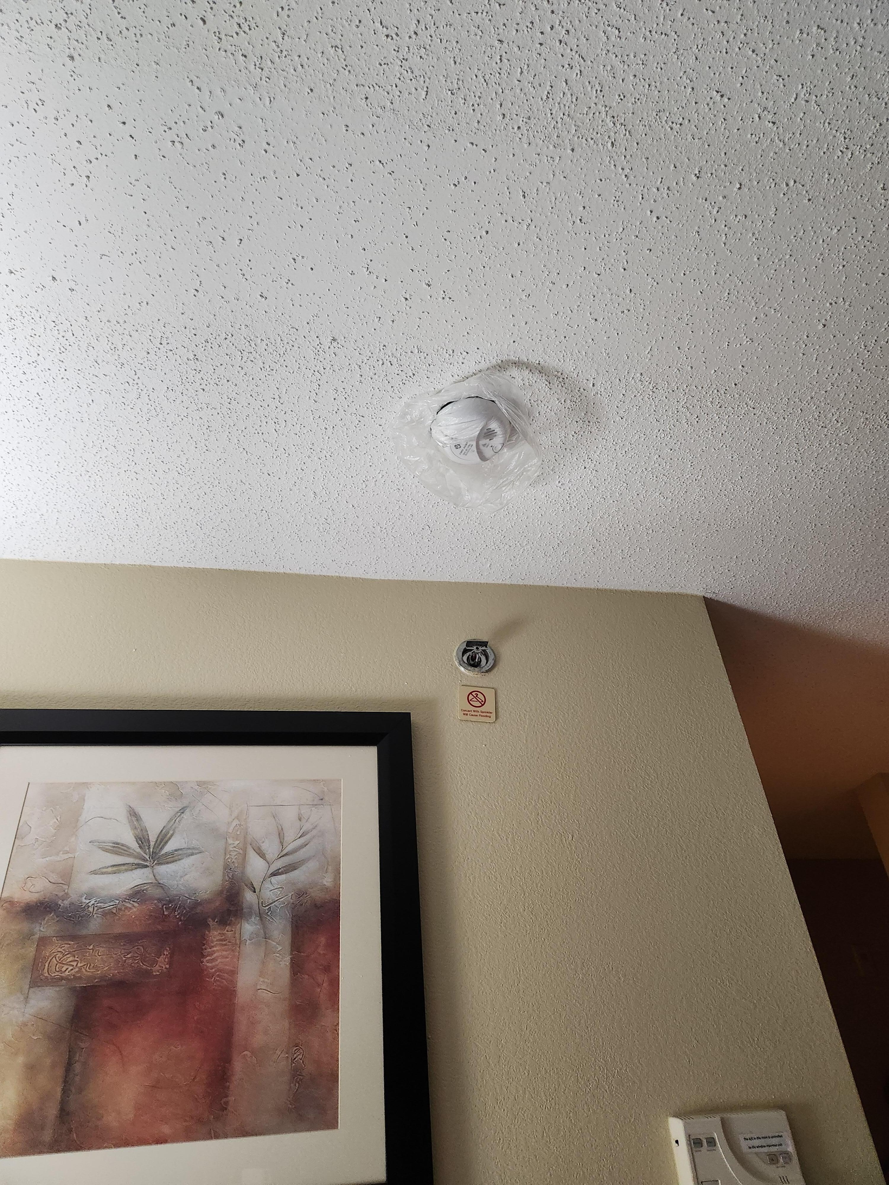 Fire alarm  all covered up in plastic? I'm sure  the state fire Marshall office probably should do a kindly visit