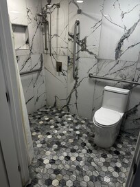 No tub or rail to define shower from toilet. Actual color of bathroom not black and whites.