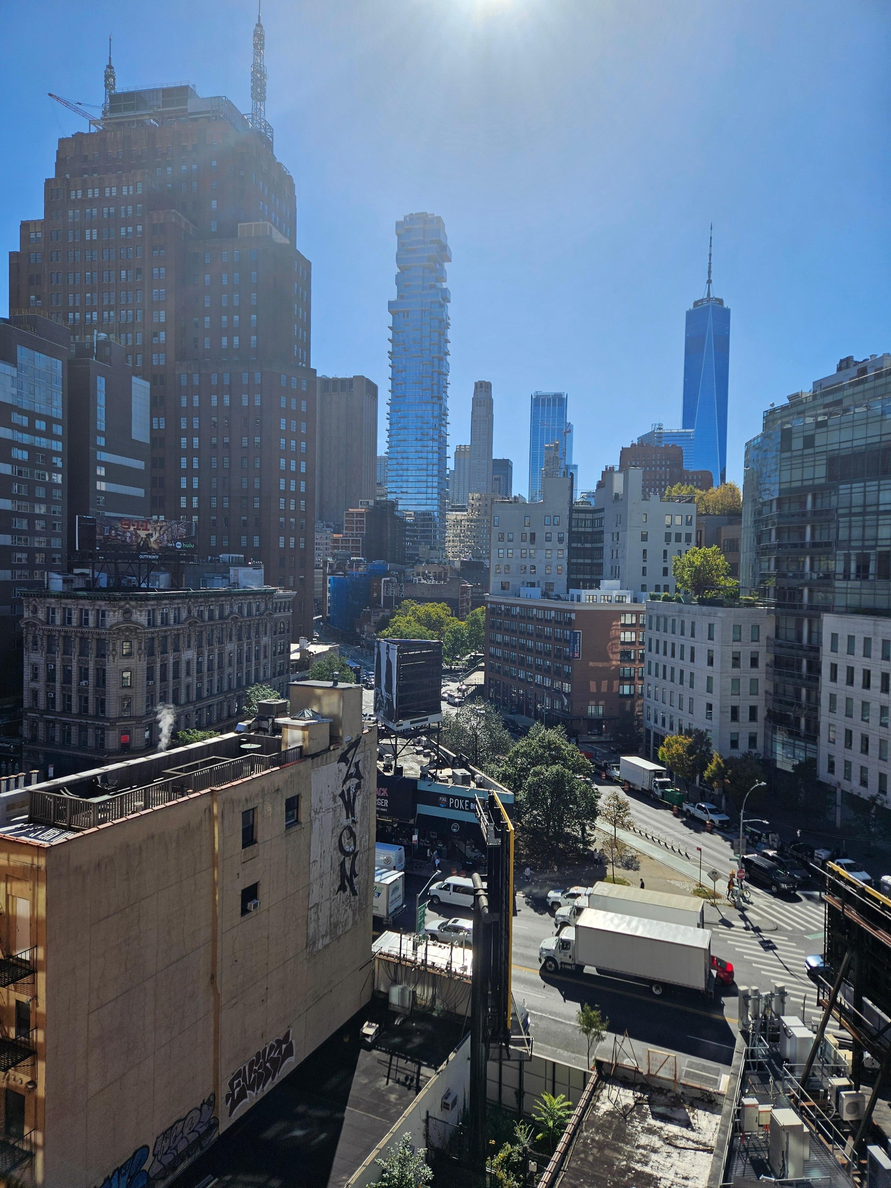 View from 9th floor. Great hotel.  Close to all these major landmarks.  Close to Canal Street, Little Italy, WTC (there is a MALL with stores inside the WTC) next to the 9/11 memorial.  Walkable to Brooklyn Bridge. best shopping & OLD NYC vibes.