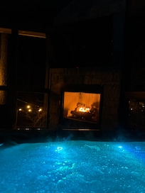 Hot tub and fireplace