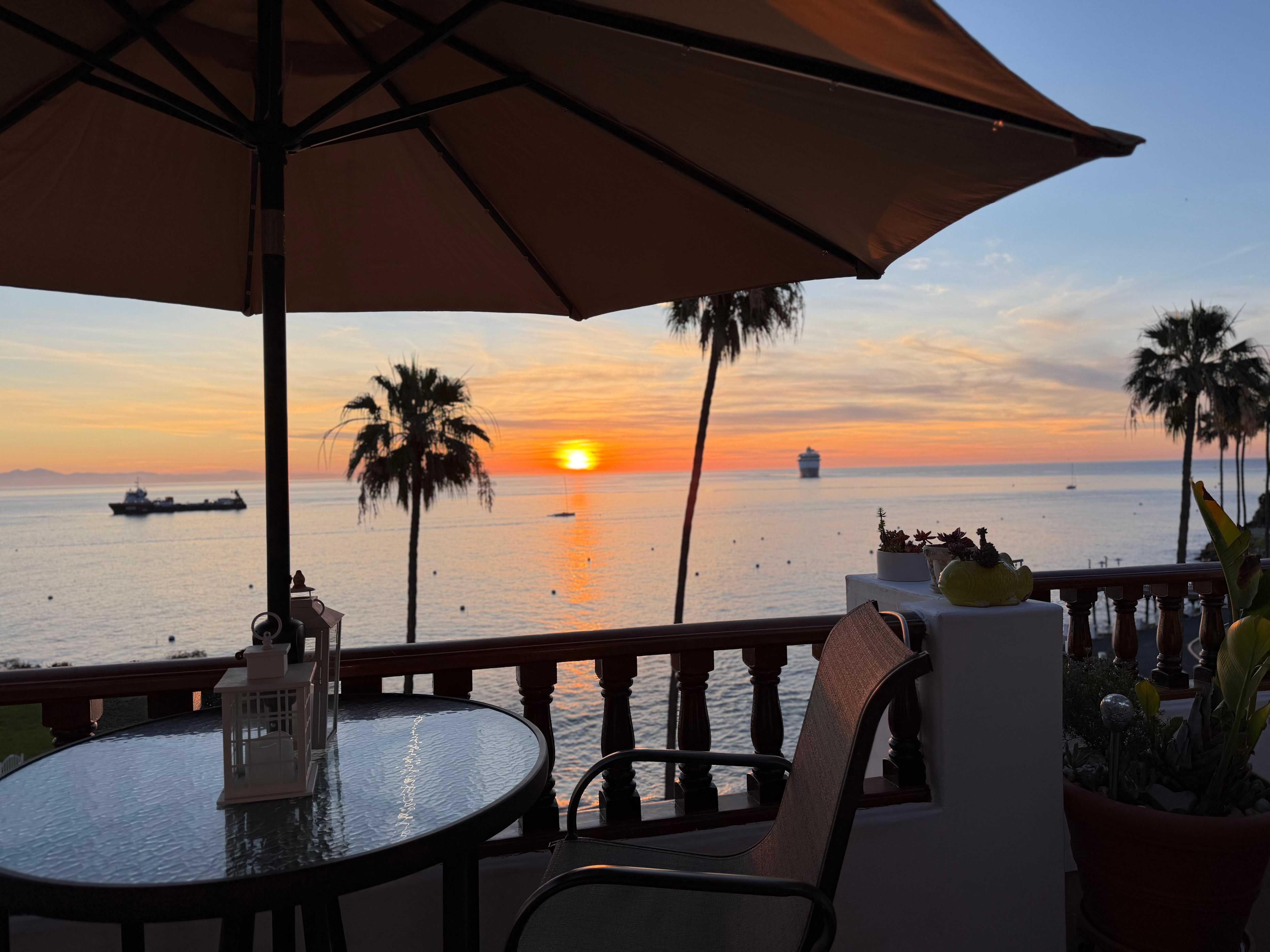 Sunrise from the balcony looking back to the California coastline.
