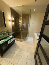 Bathroom - toilet behind door and jacuzzi tub - didn’t disappoint!