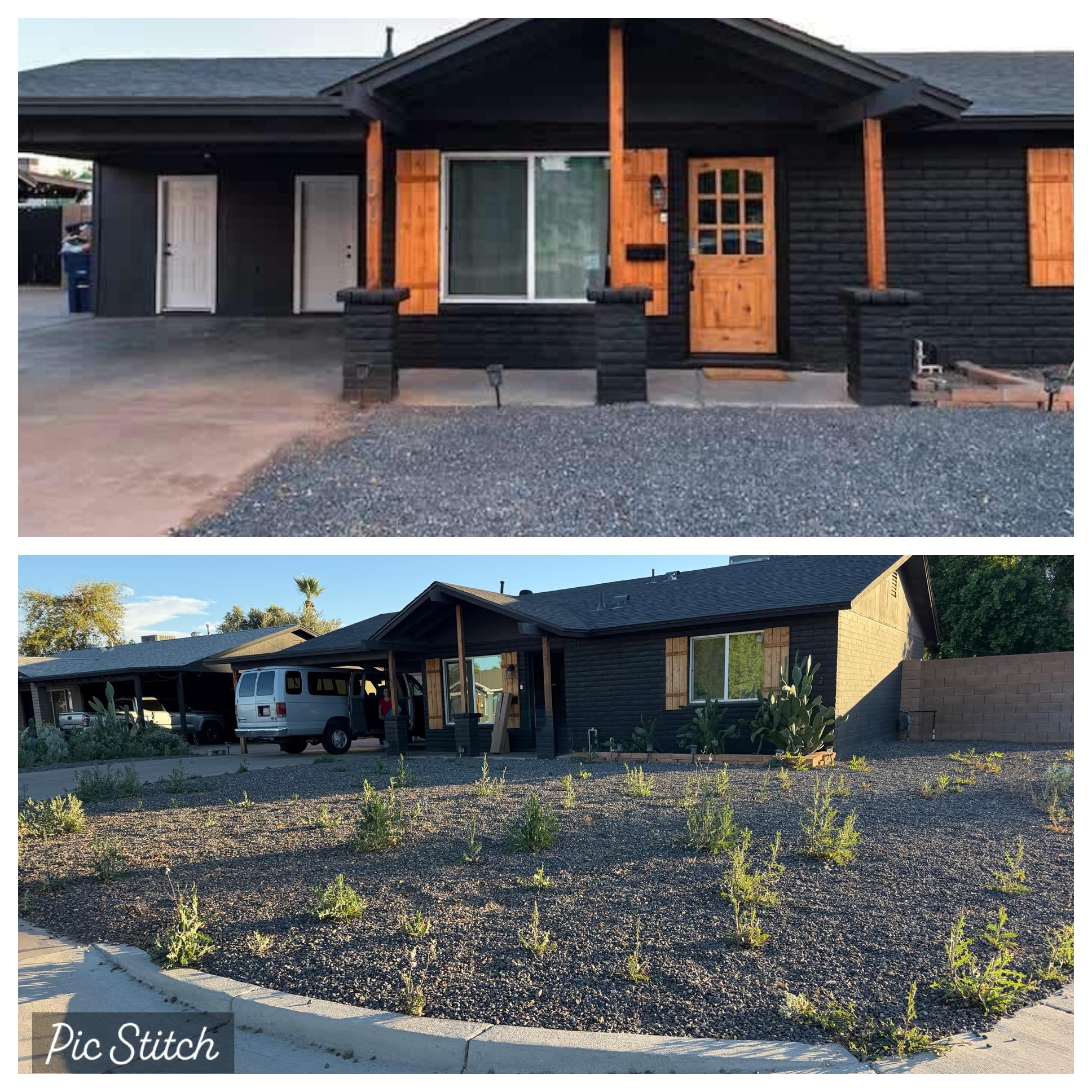 Top picture of listing, bottom was our reality with weeds and a home that seemed abandoned. 