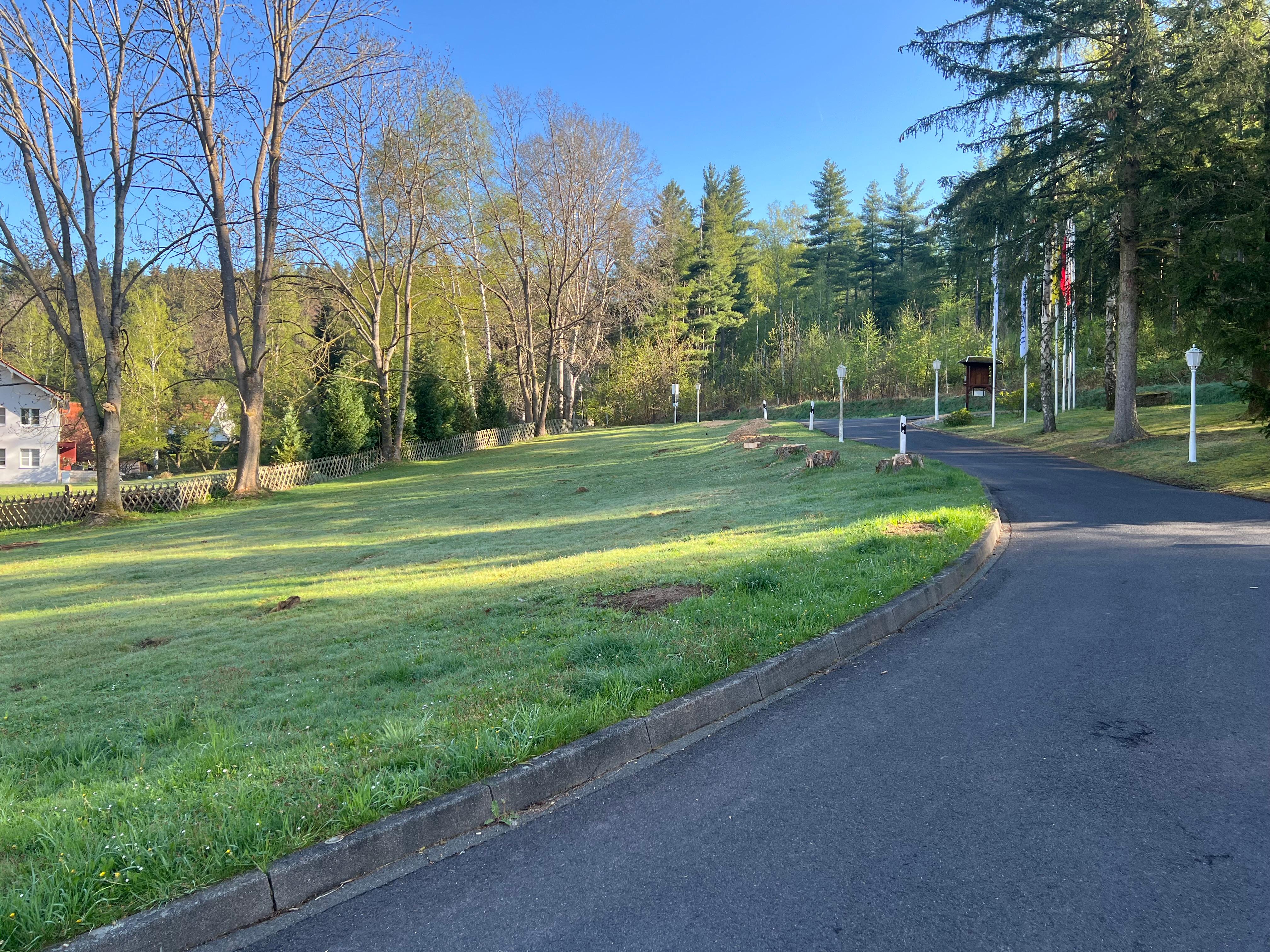 Driveway into hotel with many walking paths