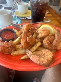 Giant fried shrimp and fries