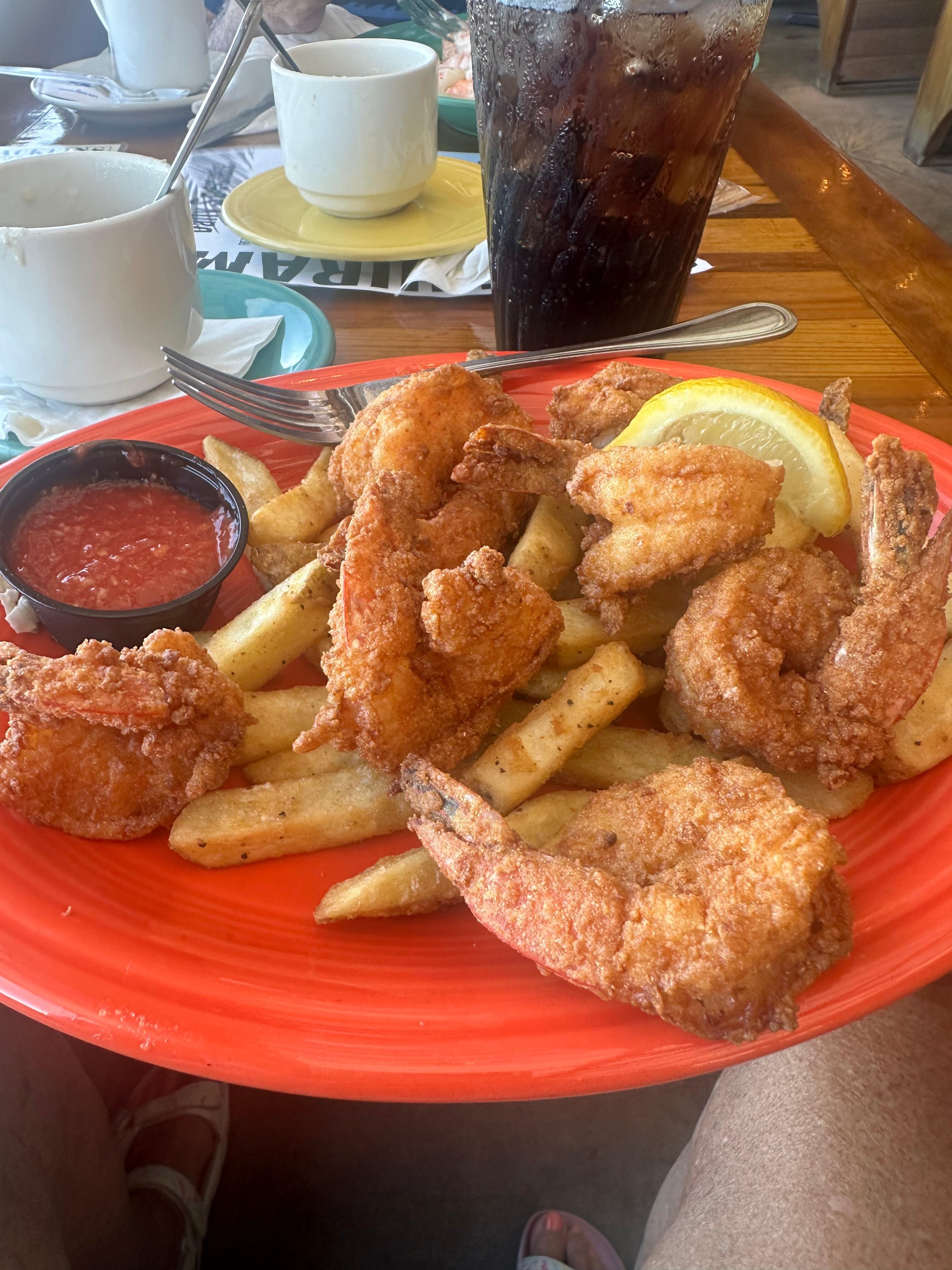 Giant fried shrimp and fries