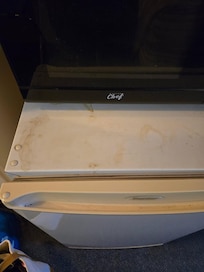 Top of the little fridge, dirt and coffee, the coffee’s pot was still dirty and dried up