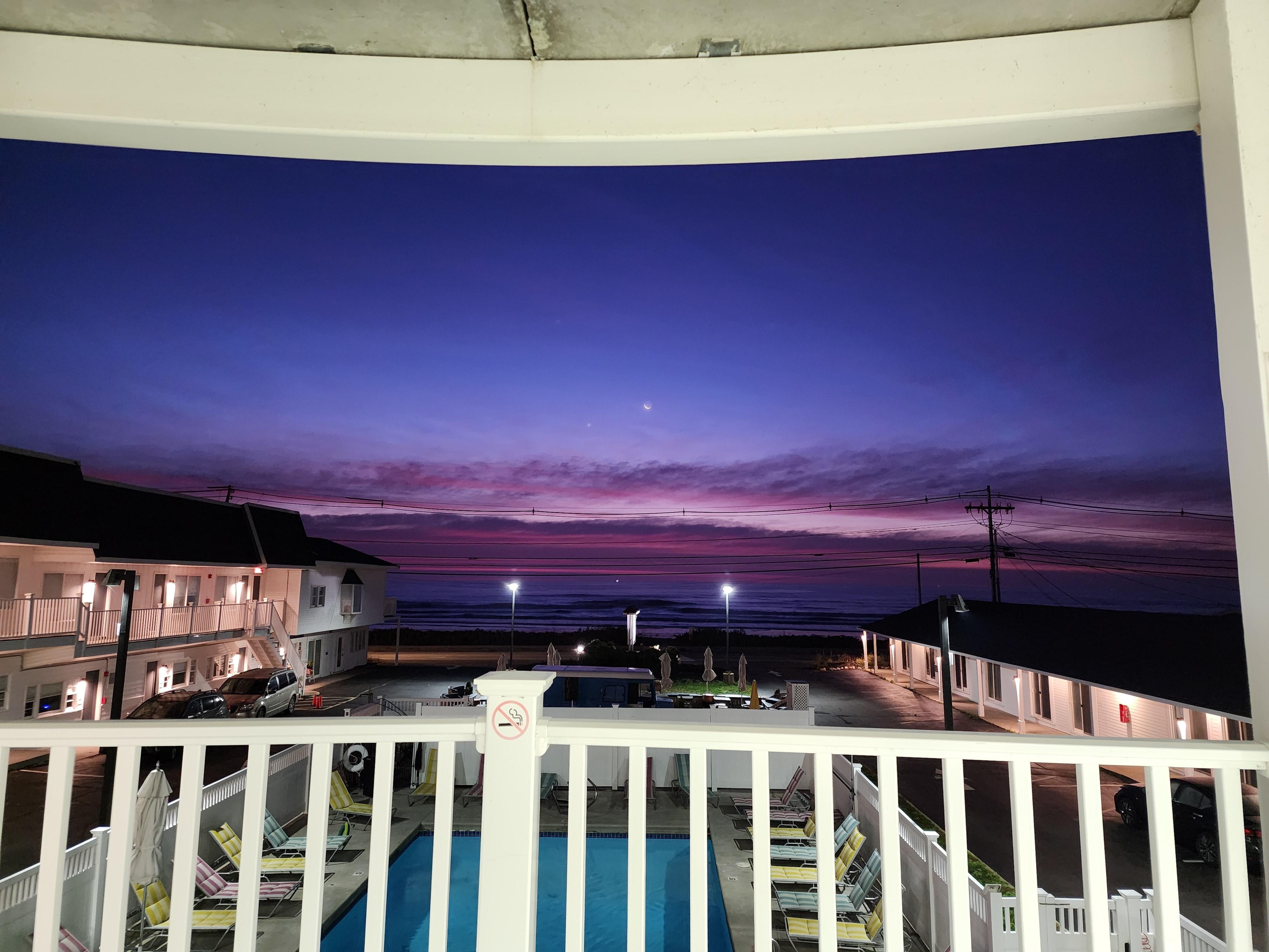 2nd floor common balcony at sunrise.