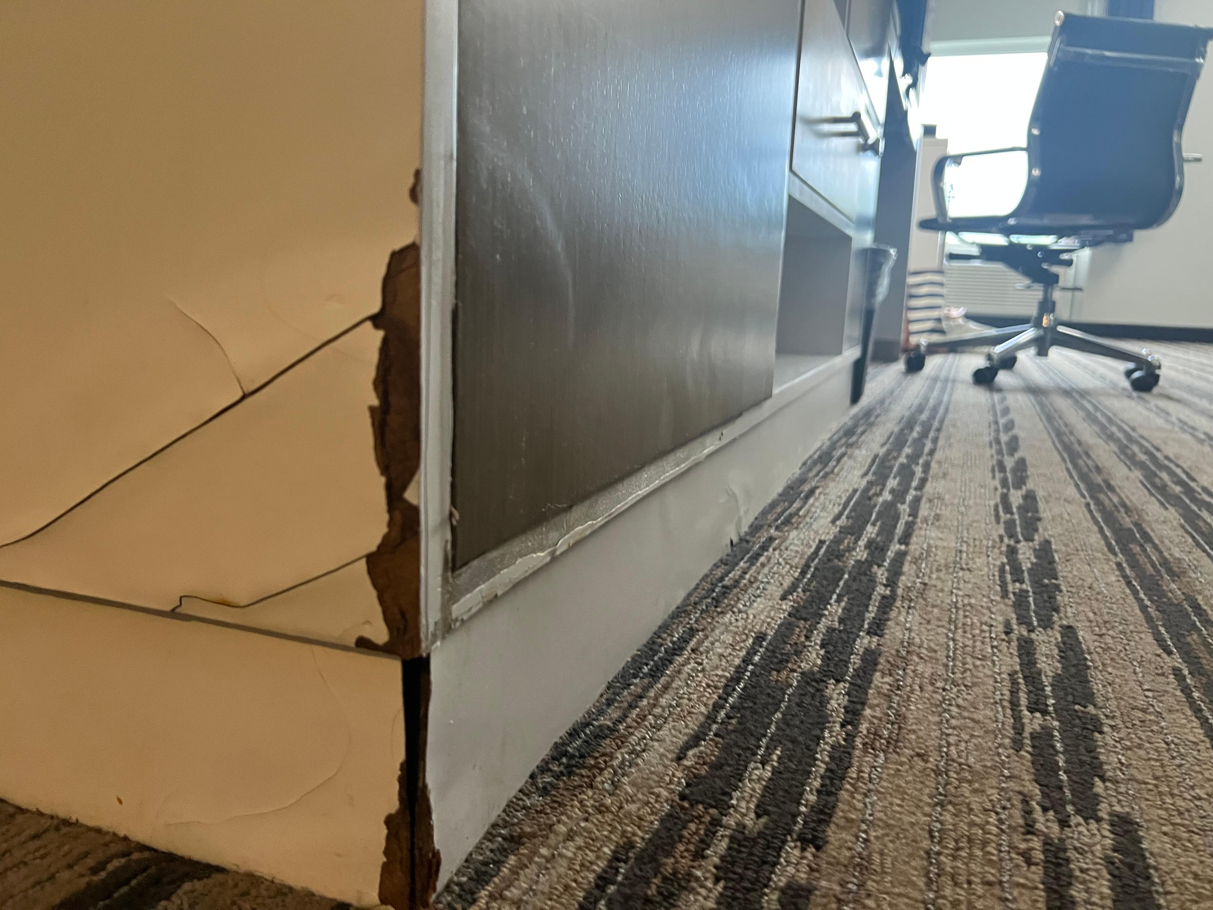 Furniture has water damage from fridge.

