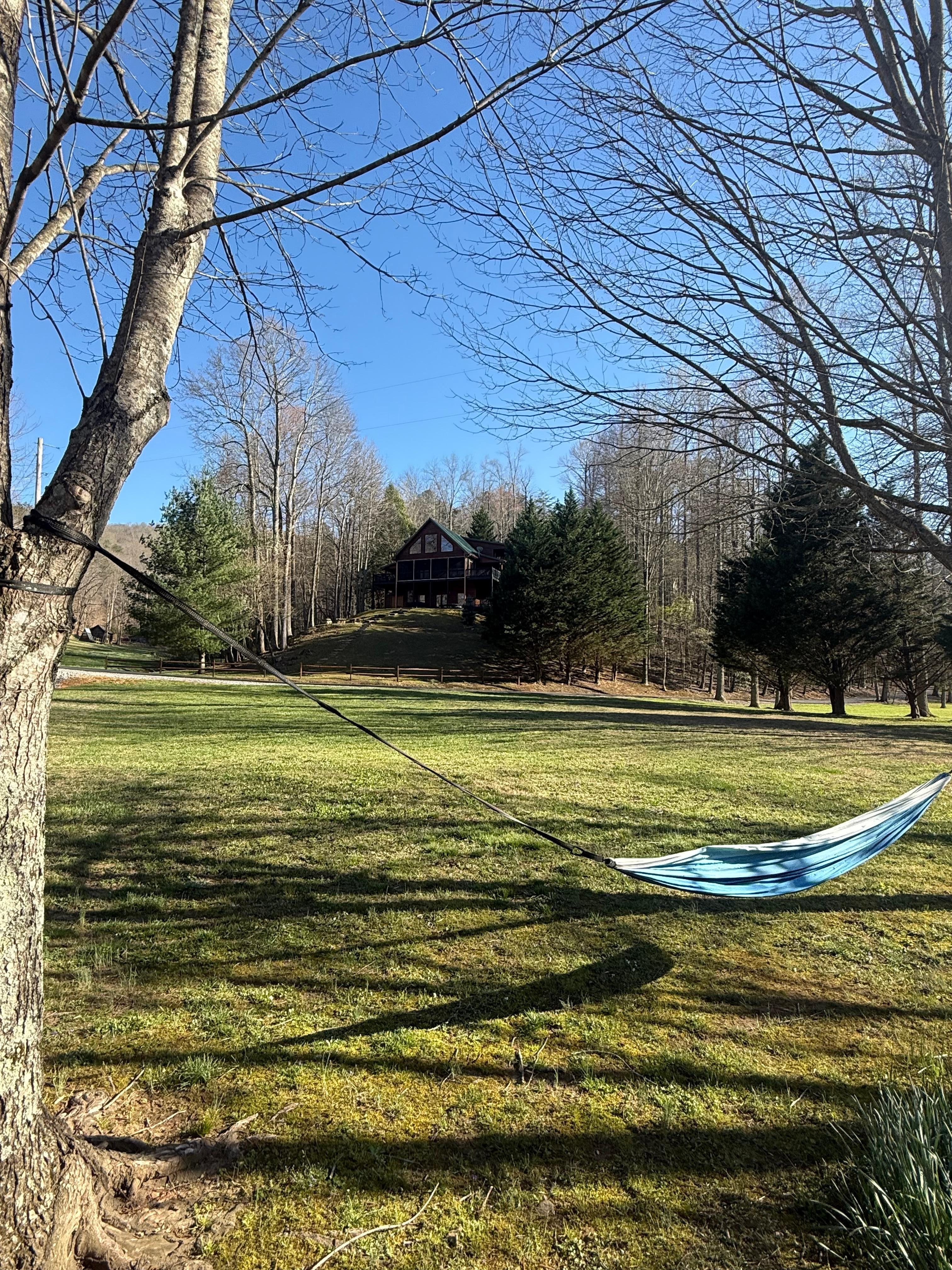 Hammock with cabin in the distance