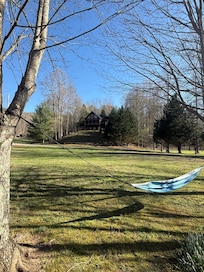 Hammock with cabin in the distance