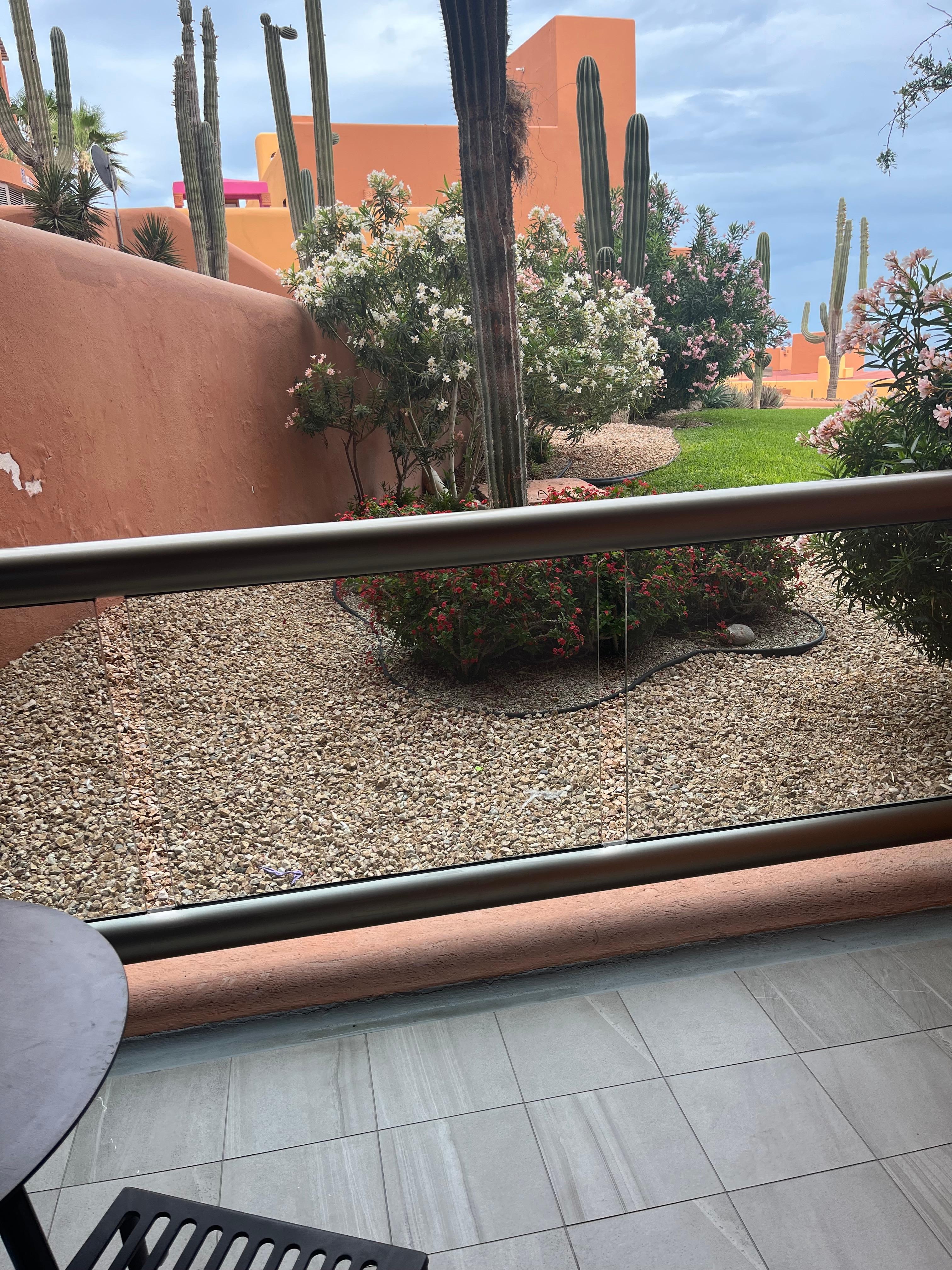 Clearly ground level. I think of an ocean view with a balcony higher than this