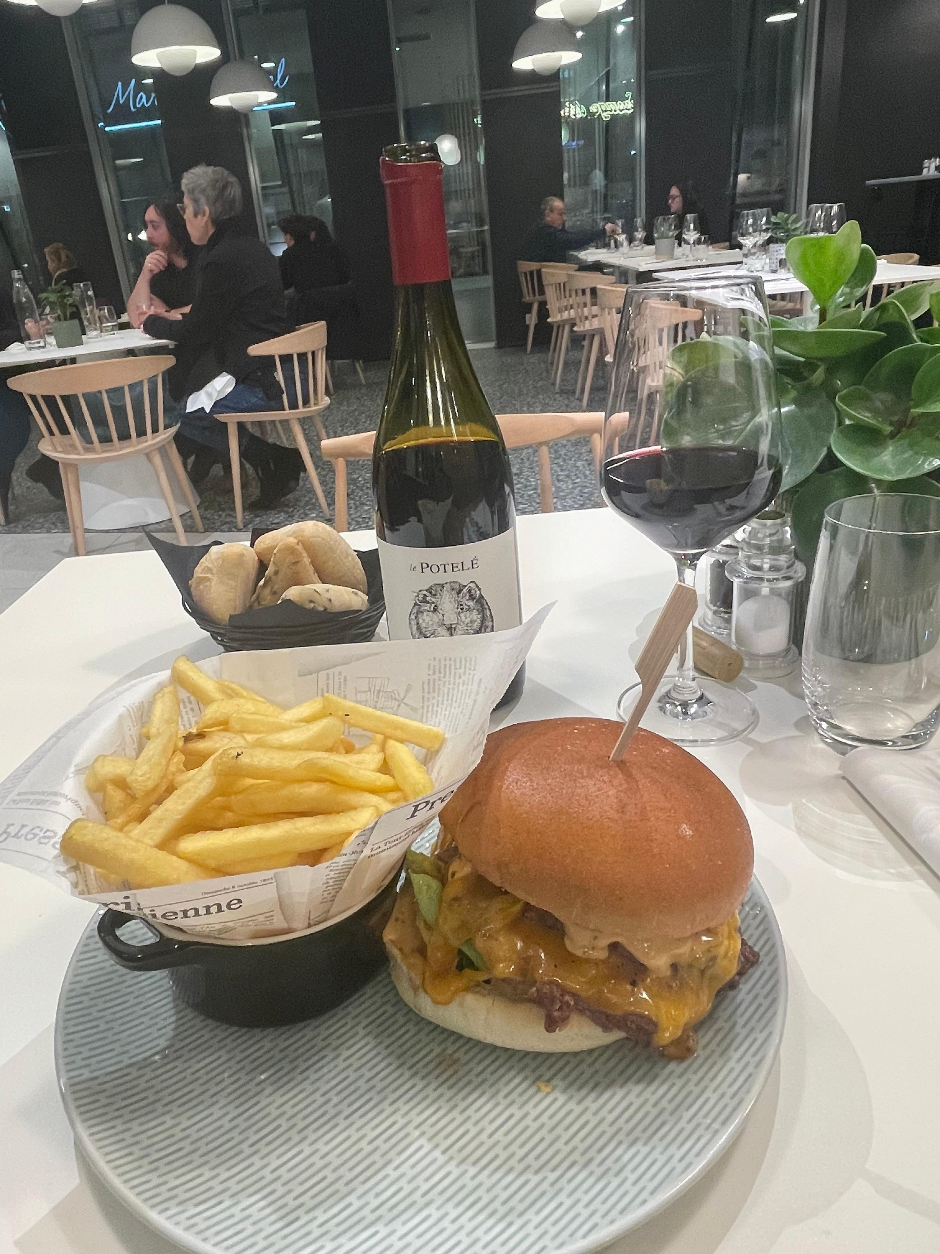 The burger is excellent. You can request, saignant, a point, bien cuite, [Medium rare, Medium well, Well done]. I like mine saignant and it was excellent.