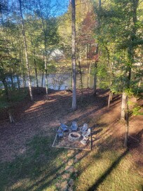 The view from the deck. The Canadian Geese spent a lot of time fishing in the river during our stay.