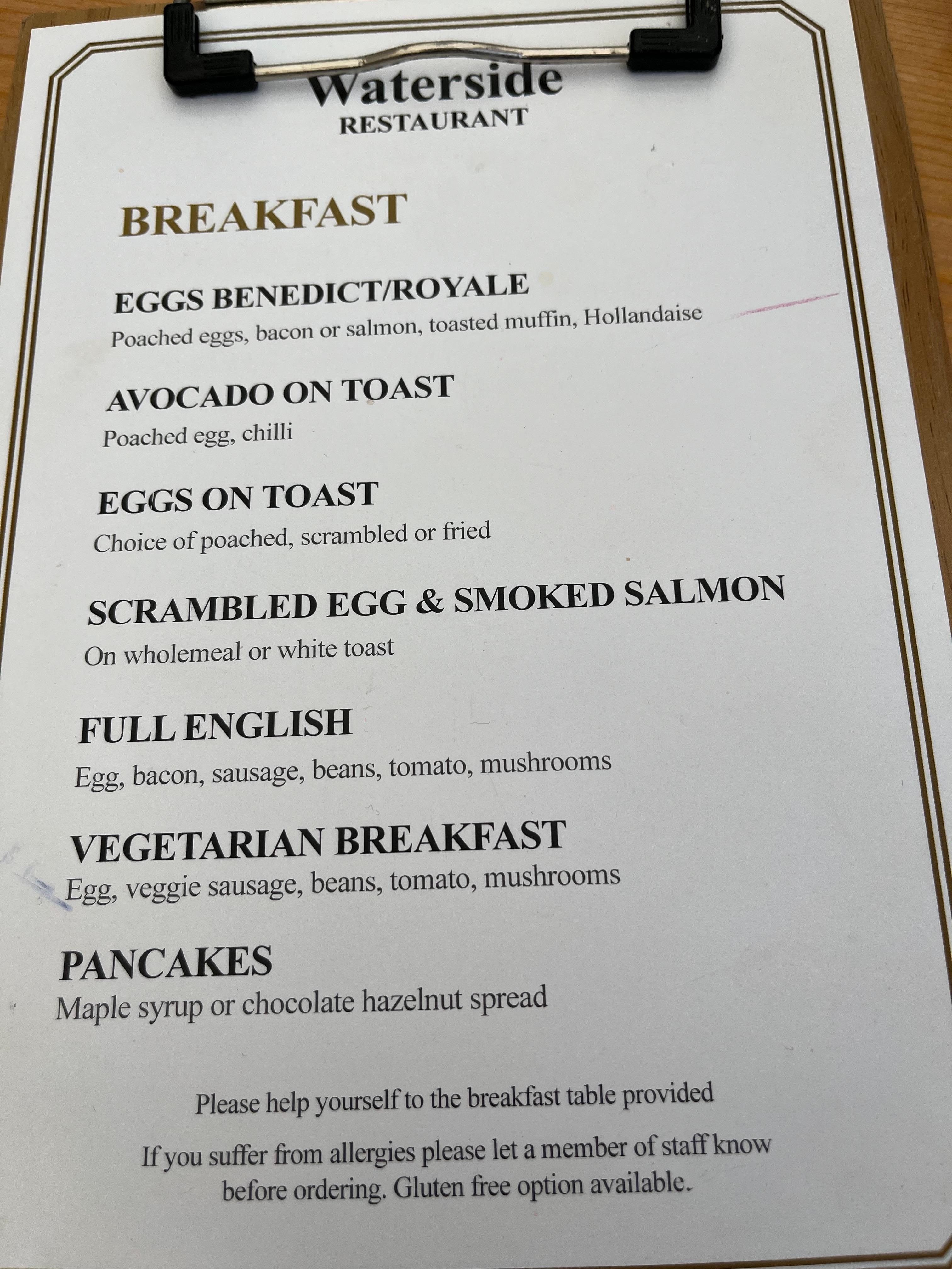 Breakfast menu