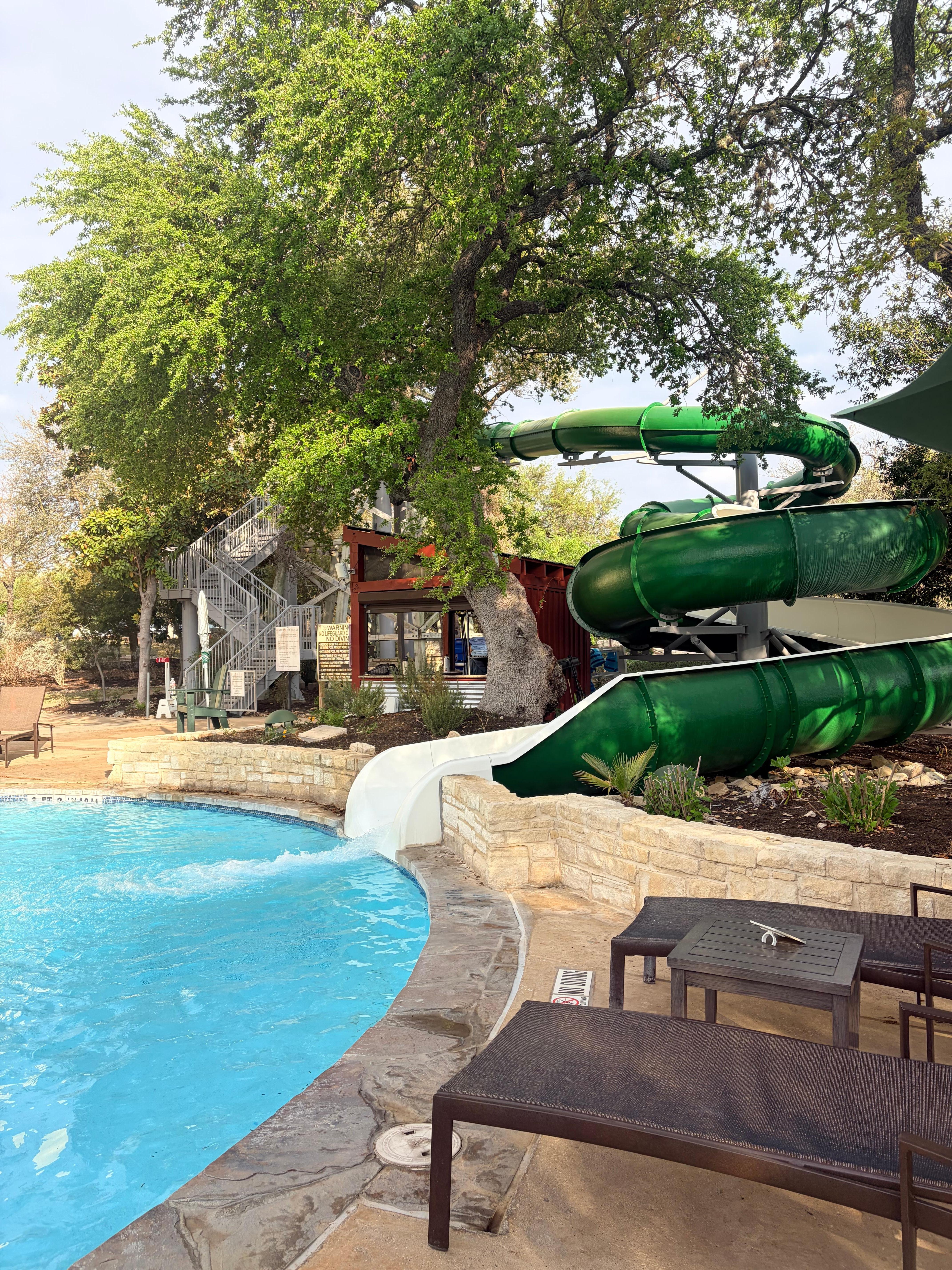 Heated pool and slides. 