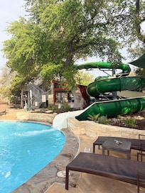 Heated pool and slides.