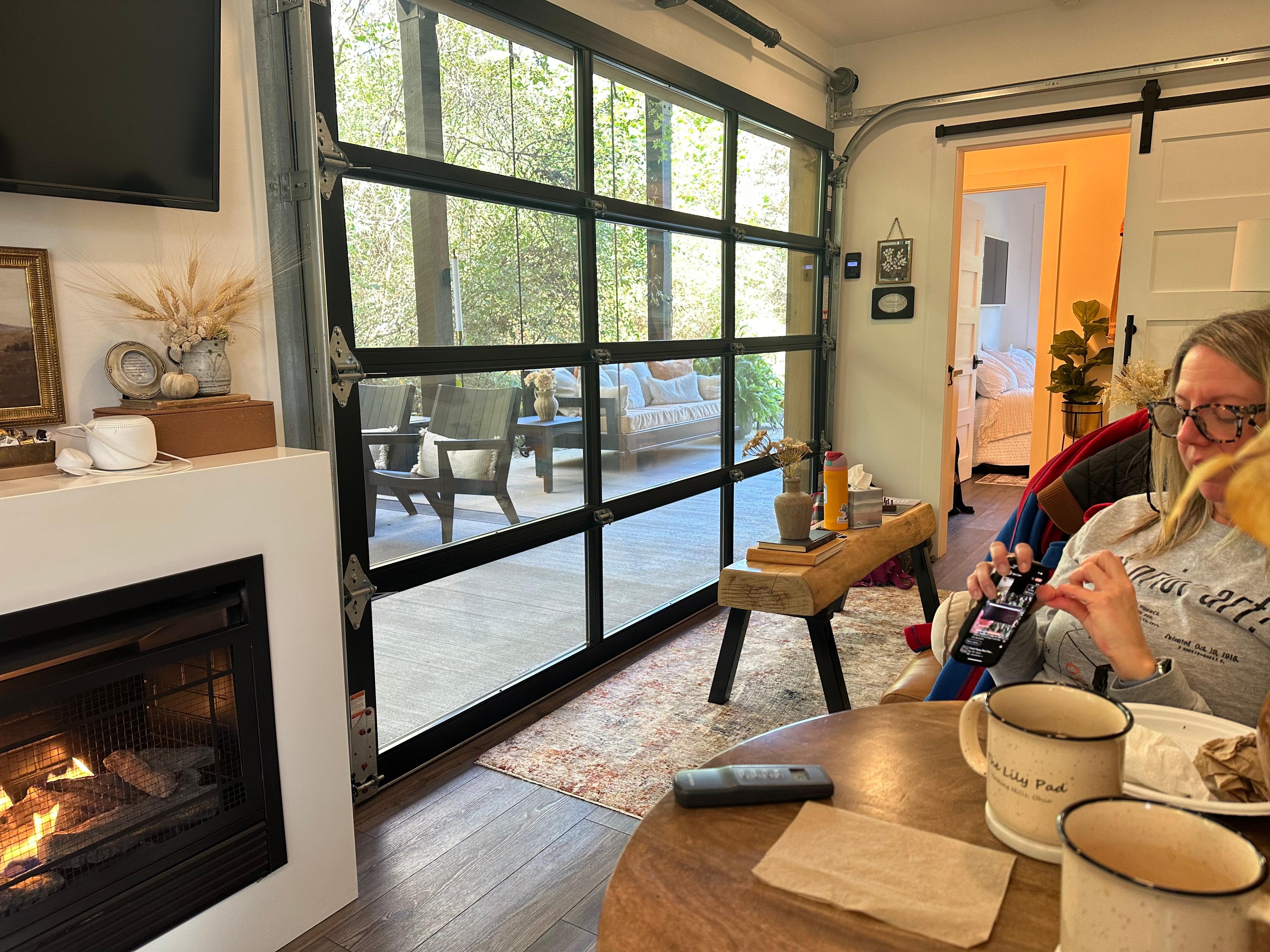 View from inside overlooking the outdoor patio. 