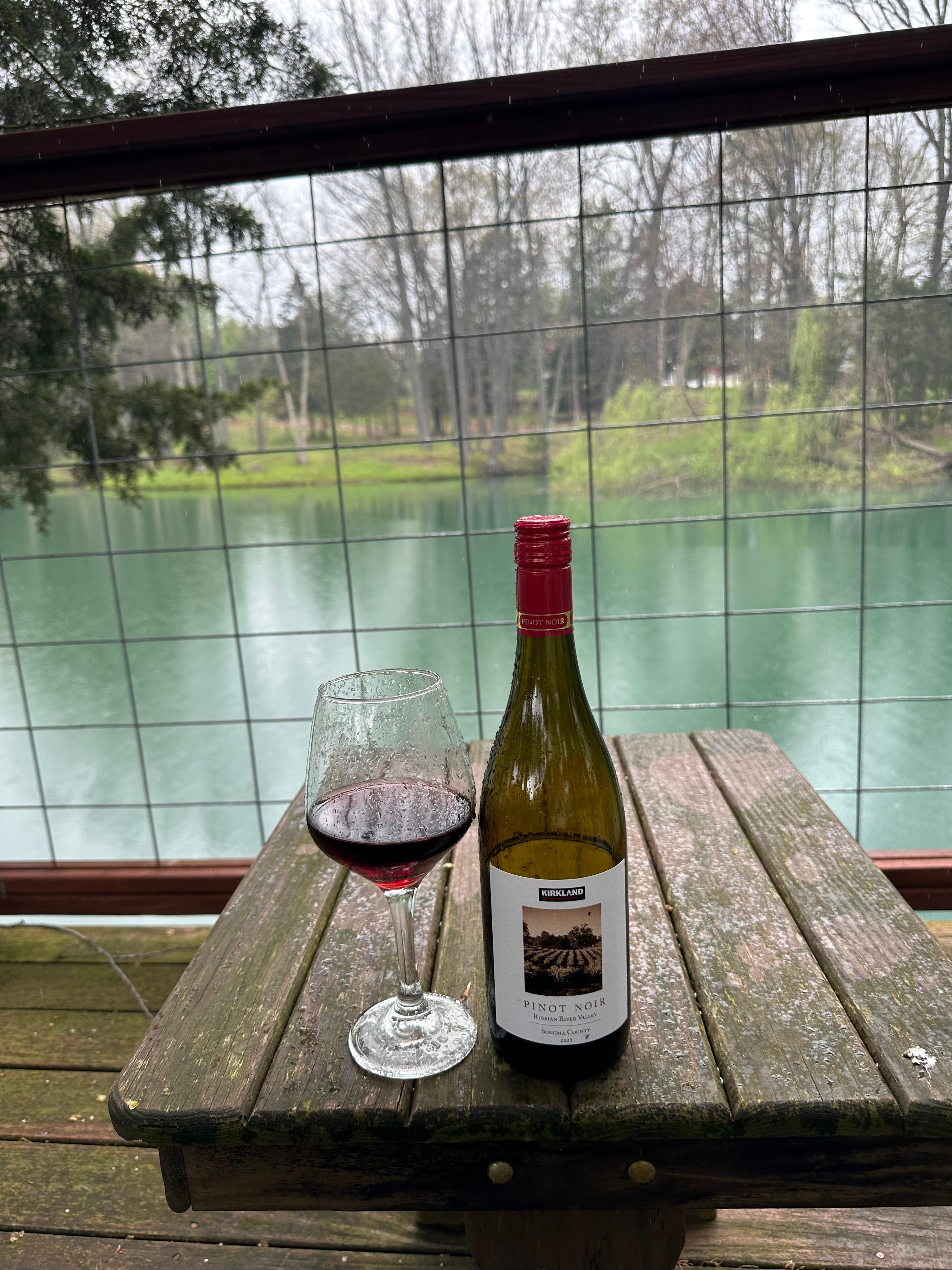 Enjoying the pond-side seating area