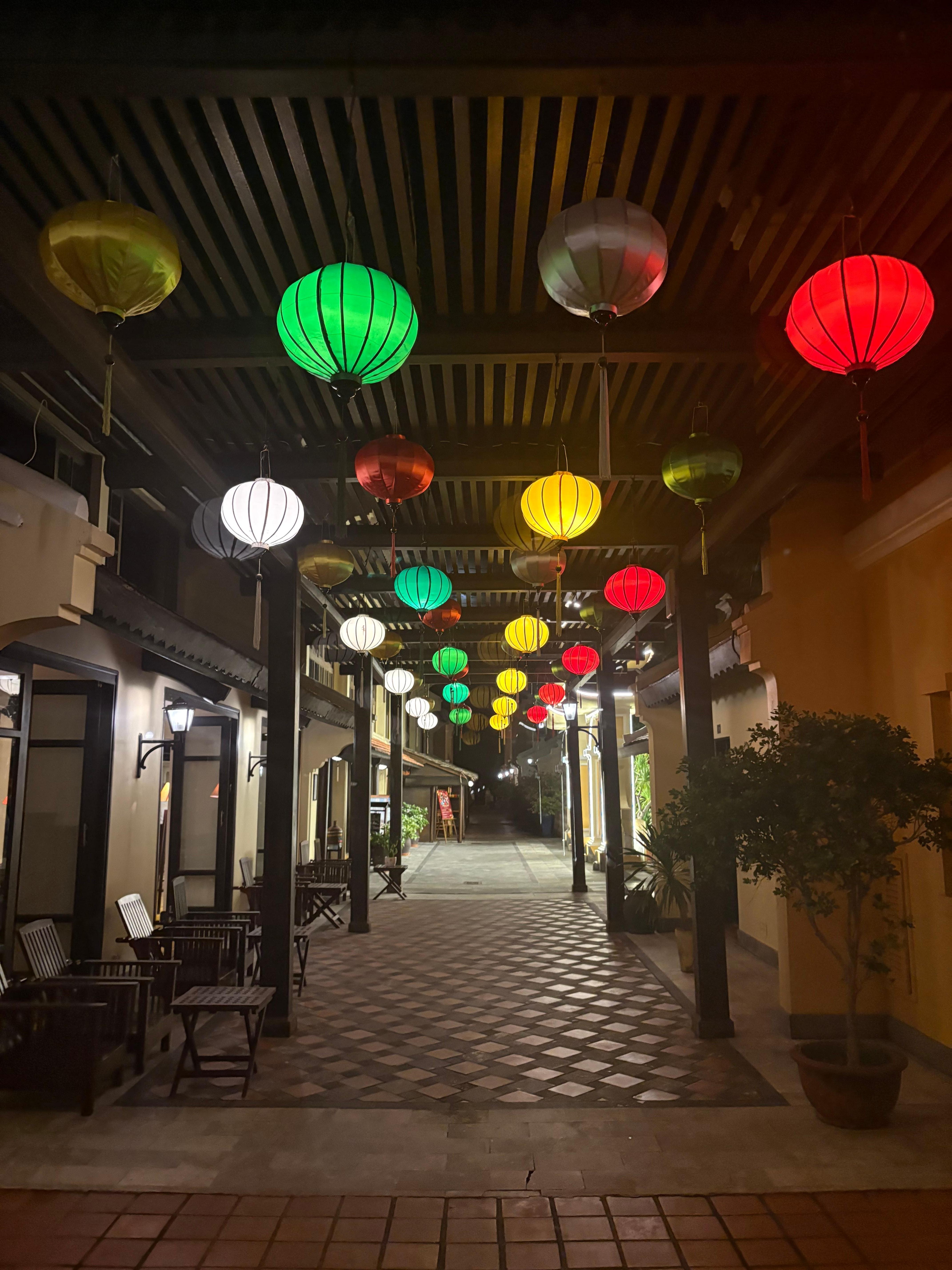 Hotel lobby area at night 