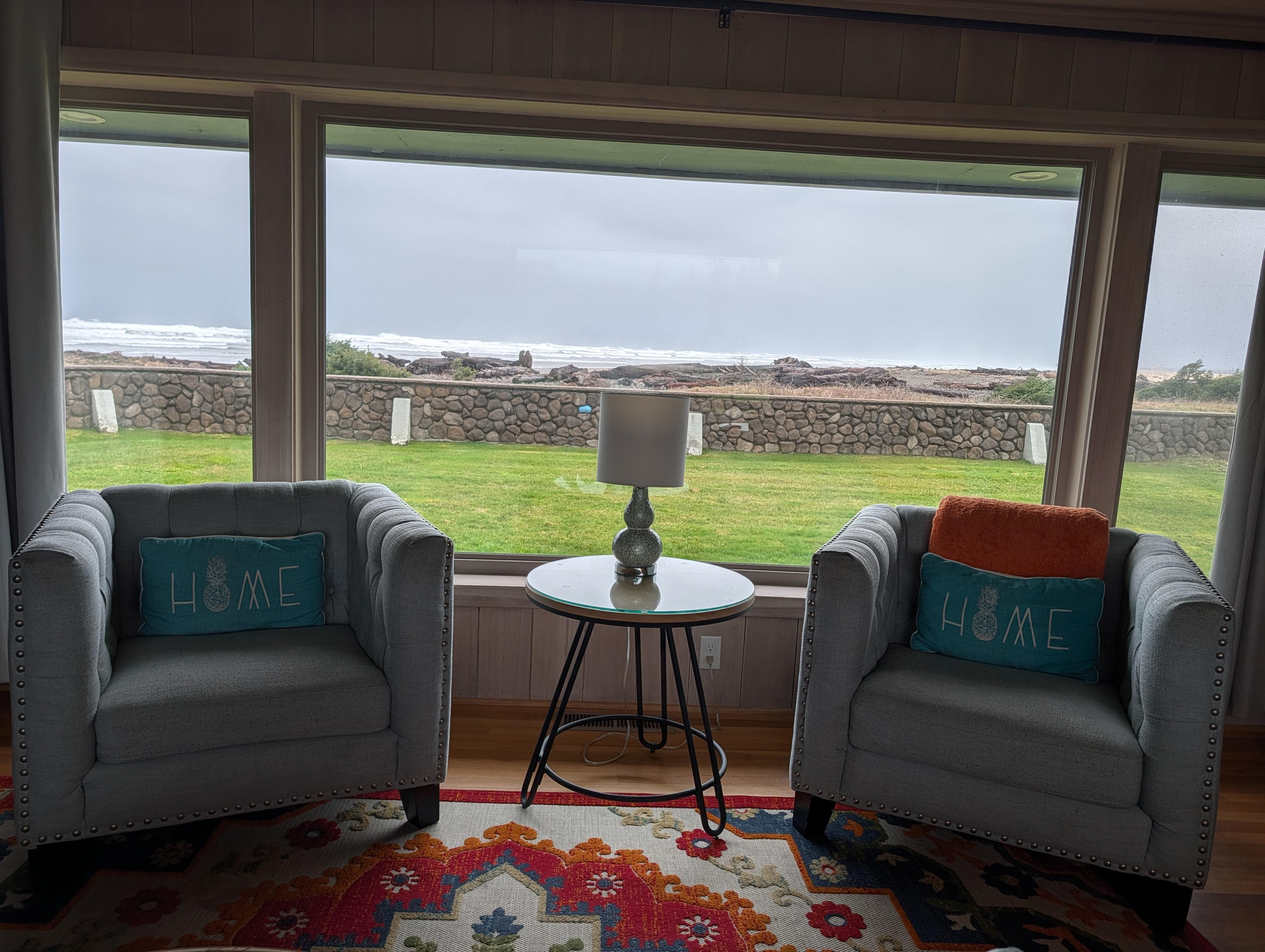 View of the living room and out to the beach. 