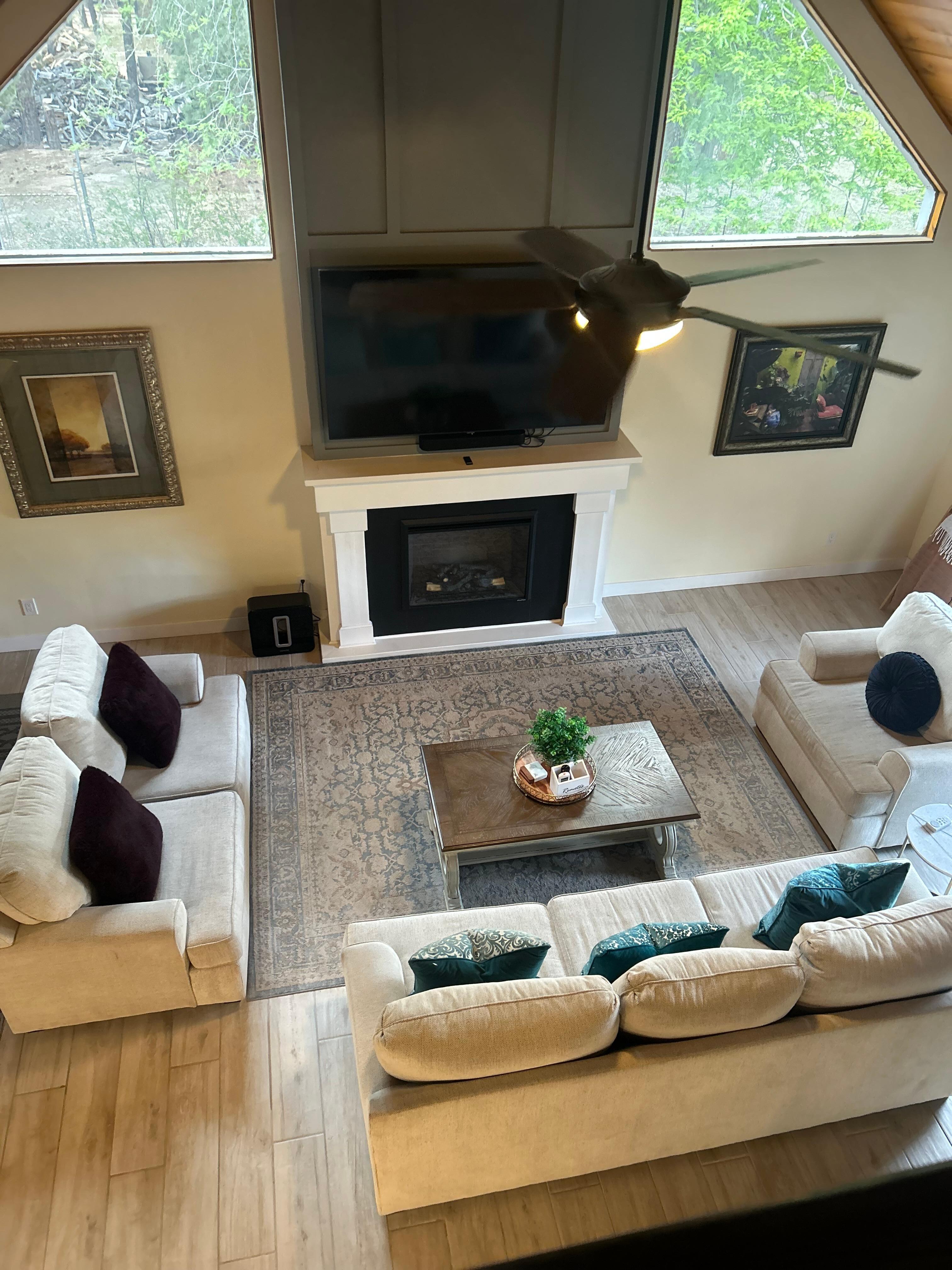 View from upstairs looking down on the living room.
