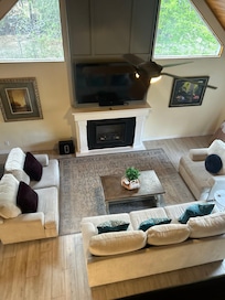 View from upstairs looking down on the living room.