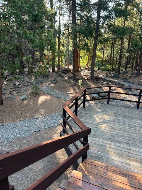 Stairs from porch down to swing overlooking creek