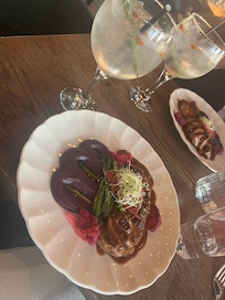 Meal of pork chop, pureed purple potatoes and pickled cauliflower - amazing!