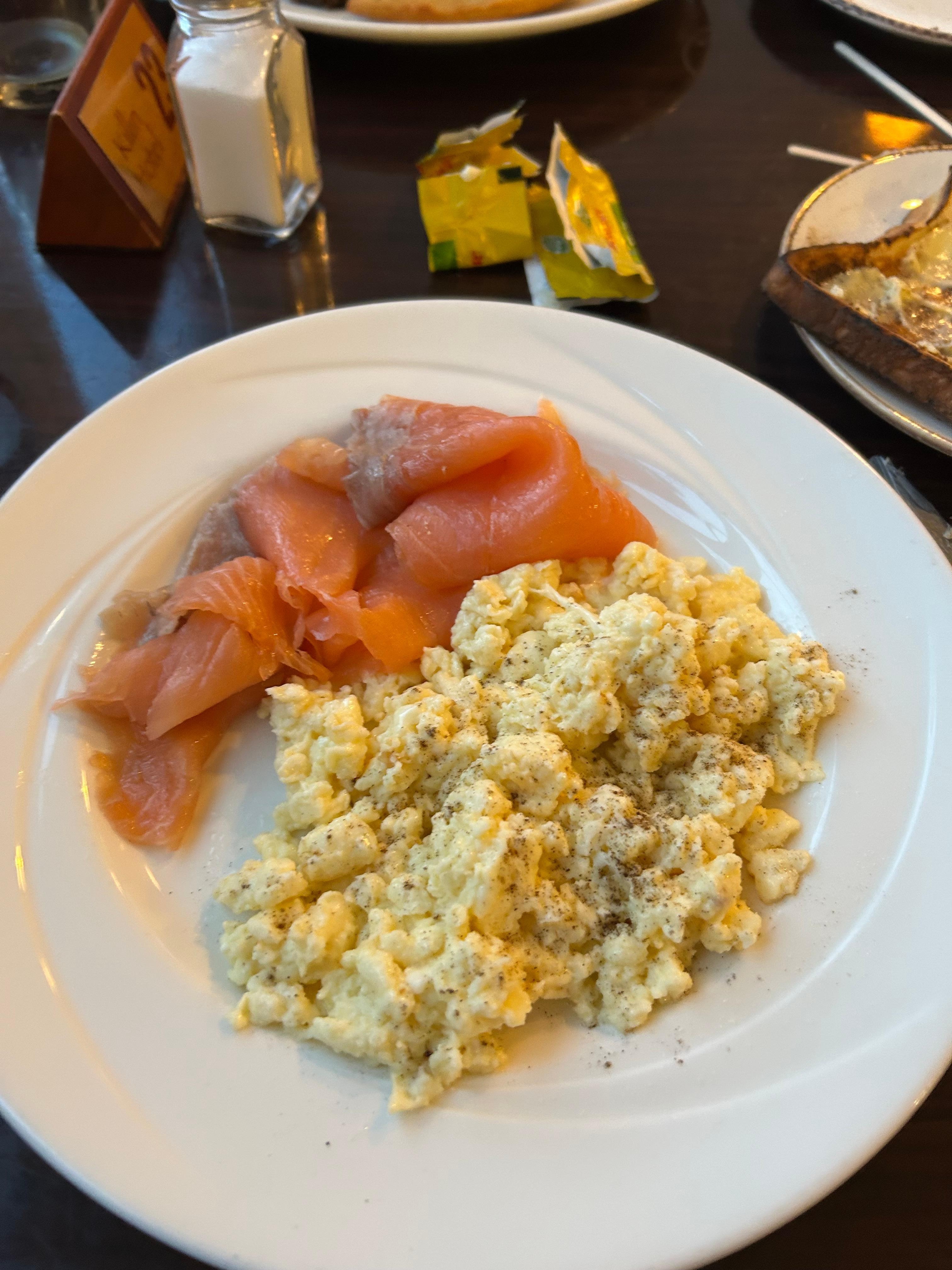 Smoked salmon and scrambled egg breakfast - delicious!