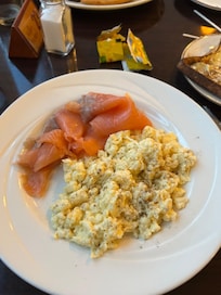 Smoked salmon and scrambled egg breakfast - delicious!