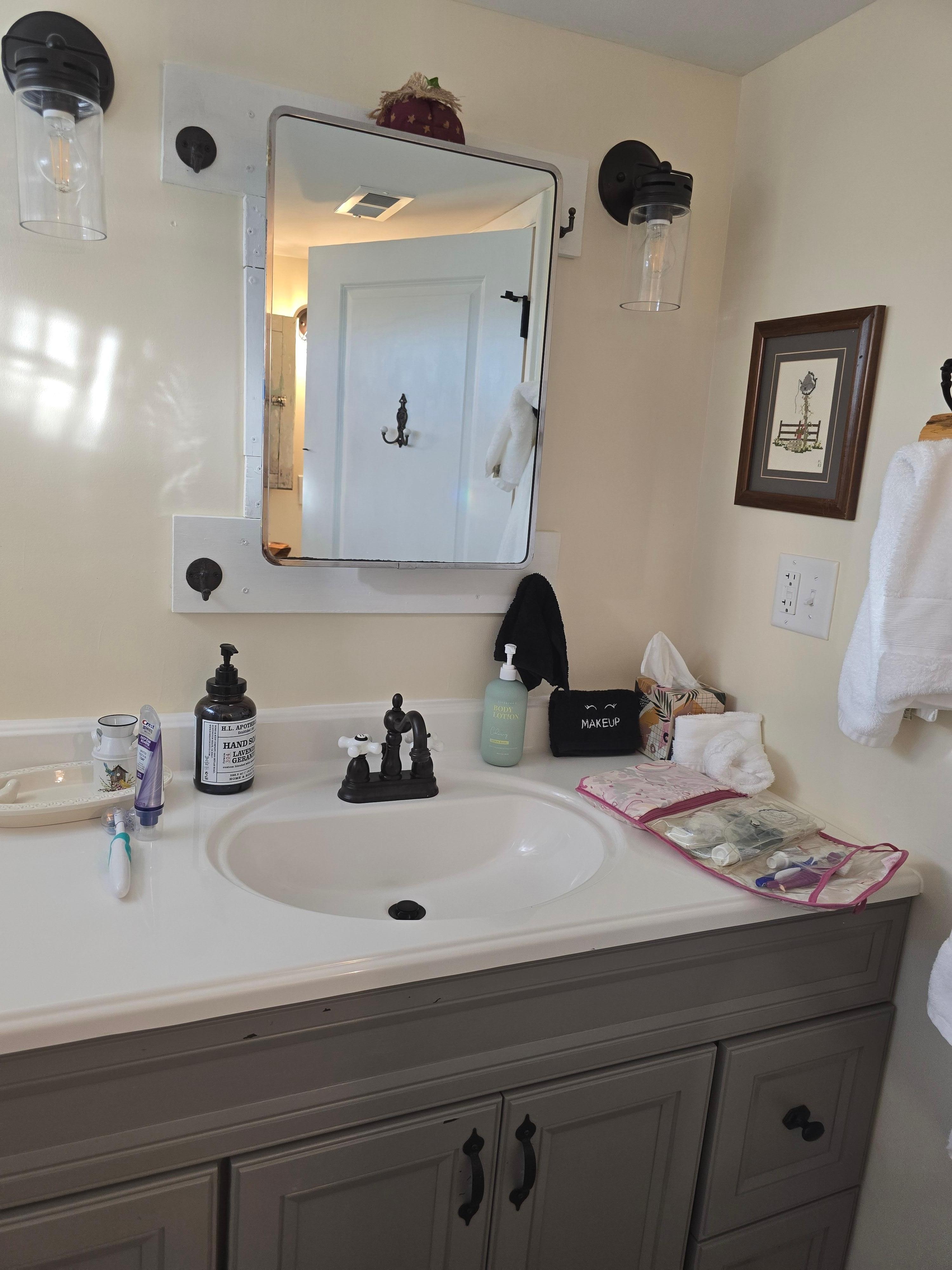 One of the two vanities in the bathroom.