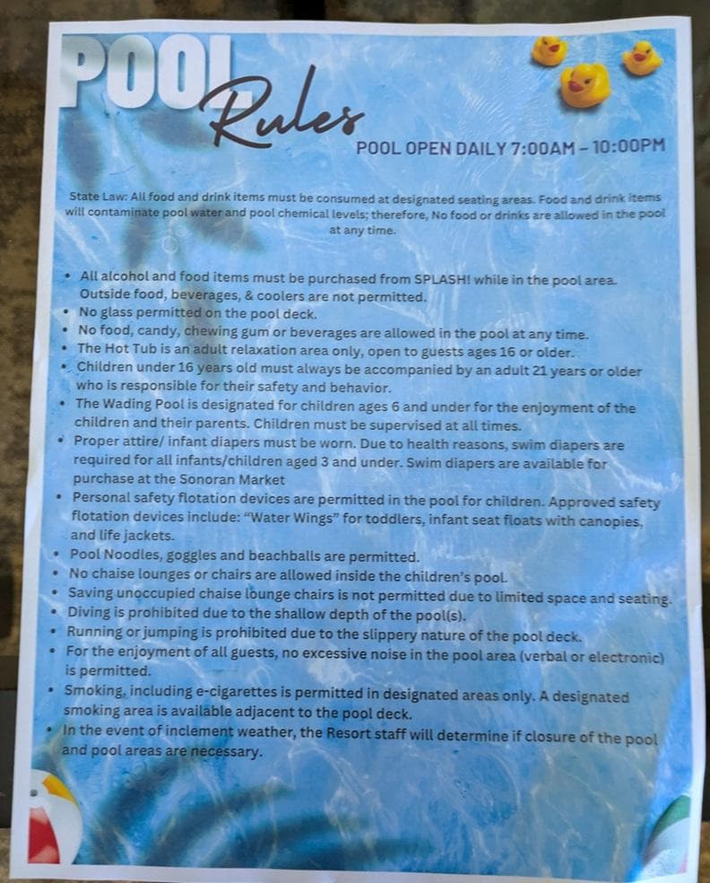 pool rules. Place has a lot of rules, but also a lot of activities