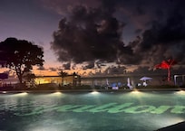 Nighttime view of the property.