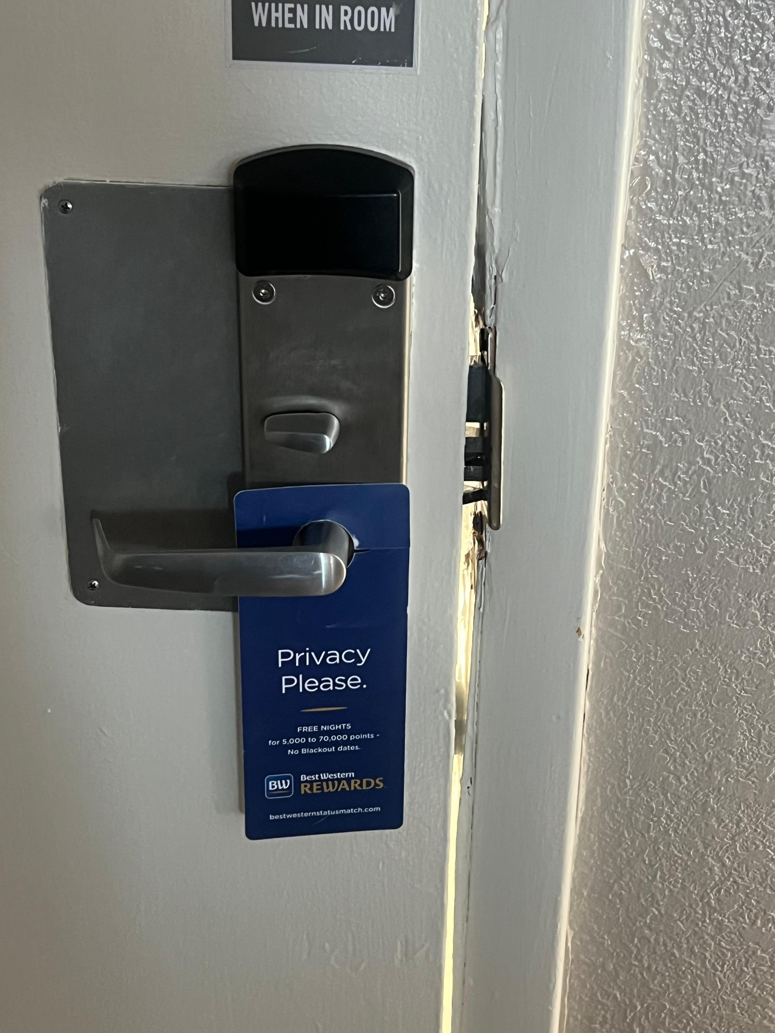 I think the pictures speak for themselves. The person at the front desk said oh if we had known that door was damaged we have a great maintenance staff. We would’ve had them fix it. My question is do you have housekeeping staff? Did they report it? 