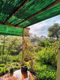 Terrassenblick im Regen